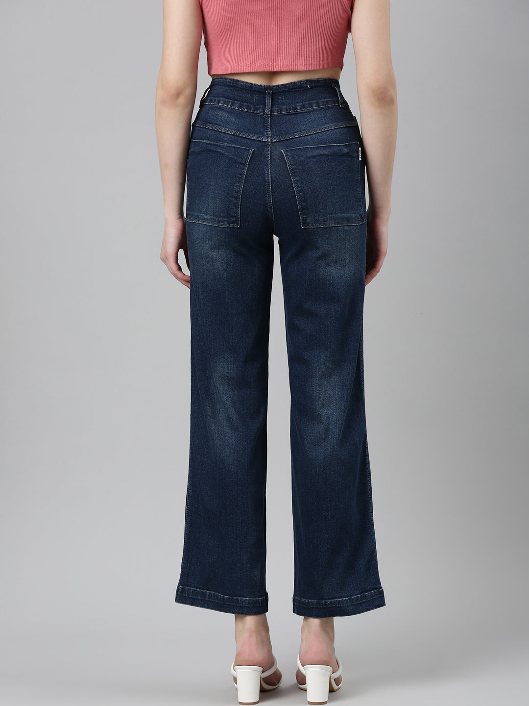 Women Navy Blue Solid Wide Leg Denim Jeans