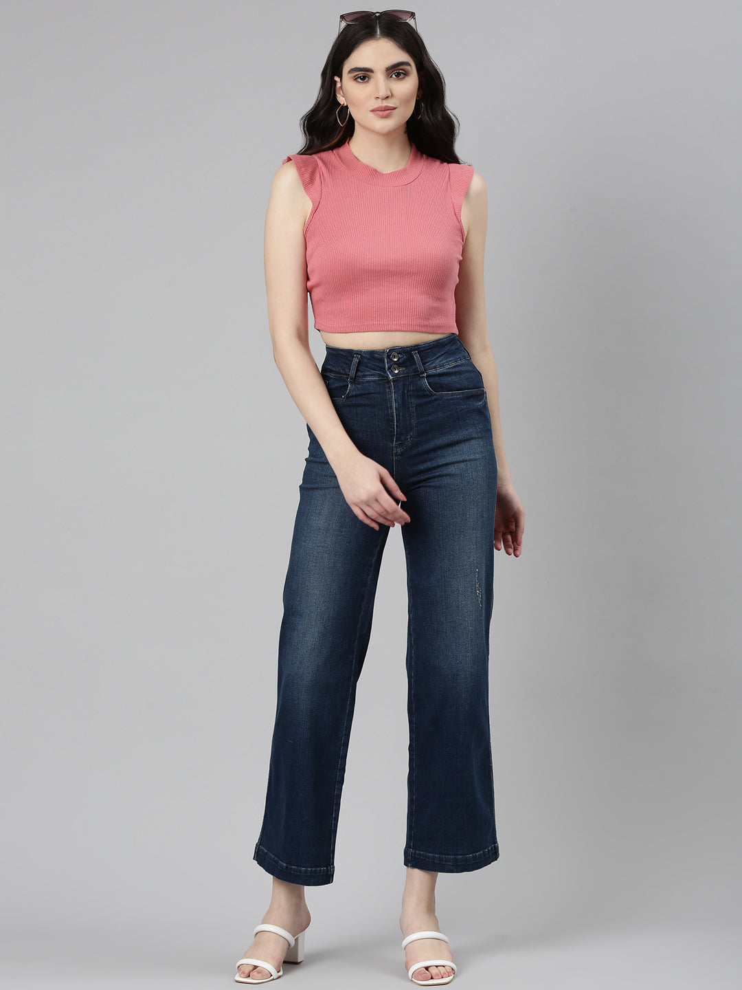 Women Navy Blue Solid Wide Leg Denim Jeans