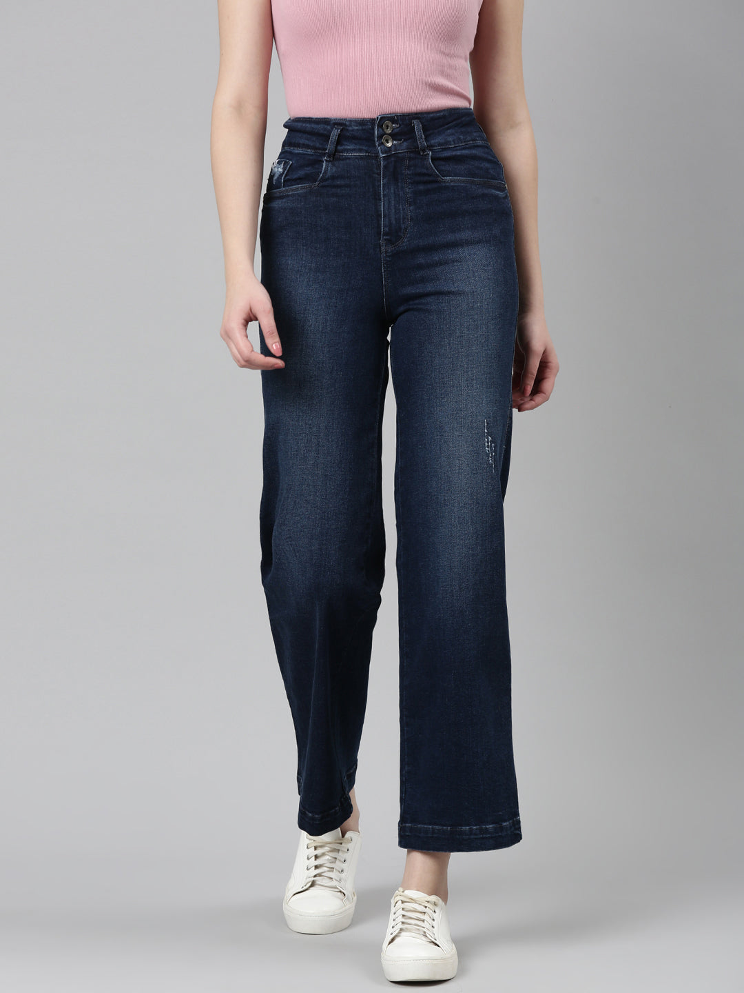 Women Navy Blue Solid Wide Leg Denim Jeans