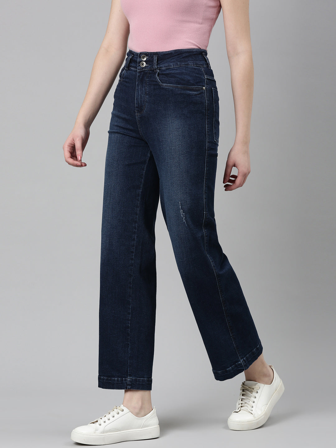 Women Navy Blue Solid Wide Leg Denim Jeans