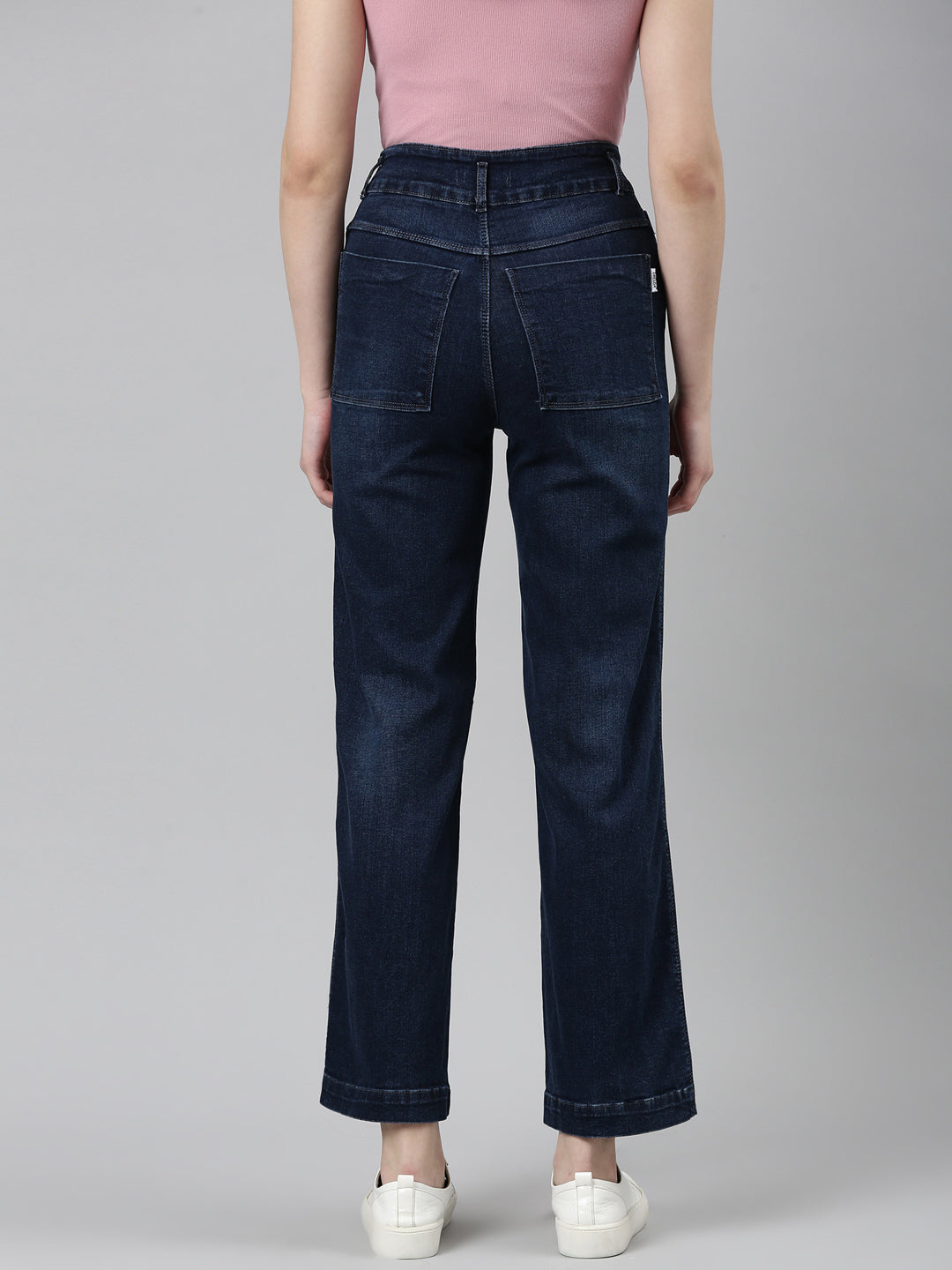 Women Navy Blue Solid Wide Leg Denim Jeans