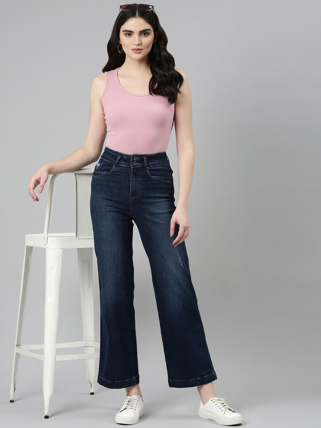 Women Navy Blue Solid Wide Leg Denim Jeans