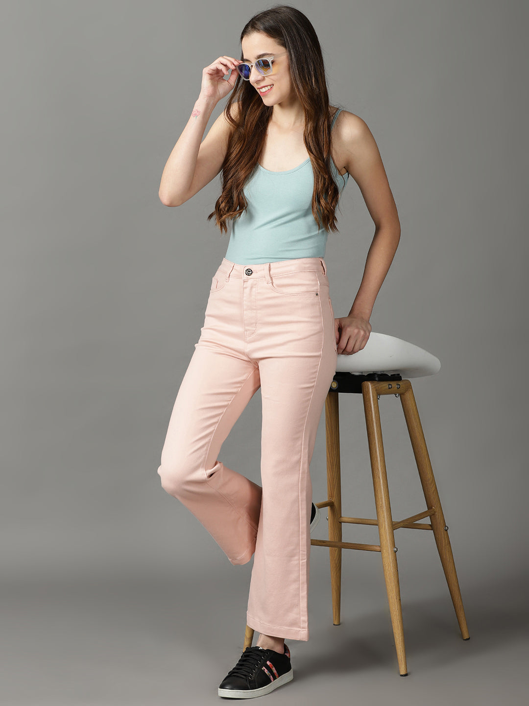 Women's Peach Solid Bootcut Denim Jeans