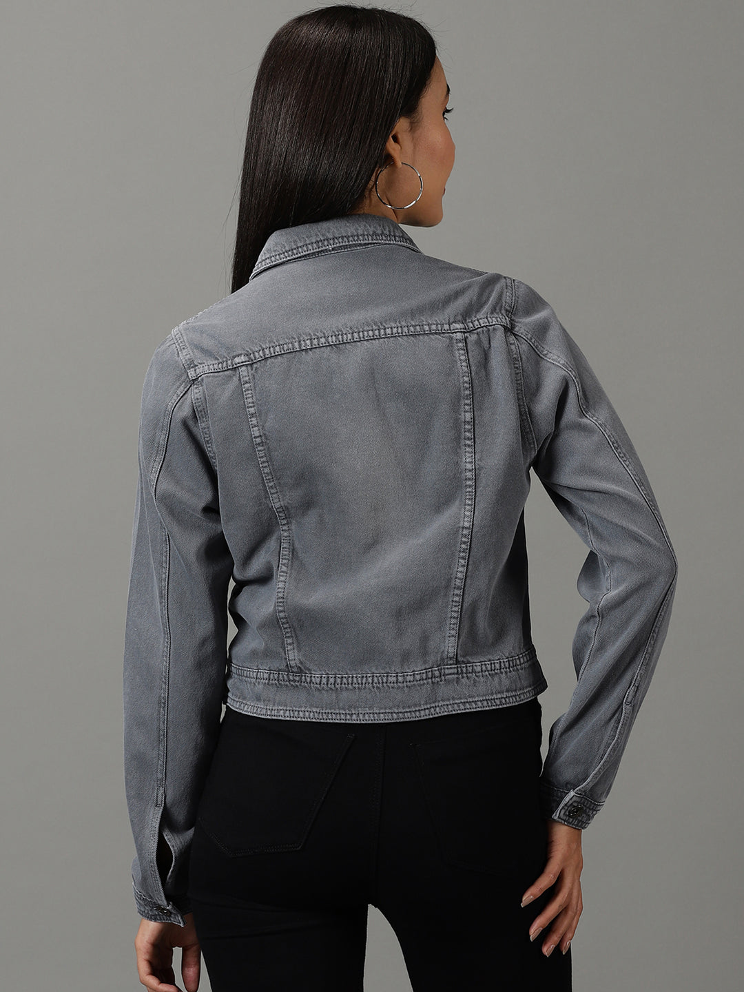 Women's Grey Solid Denim Jacket