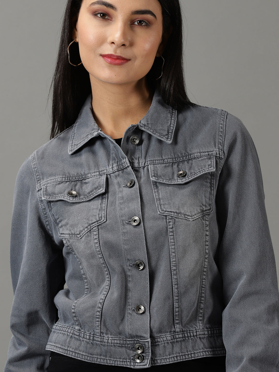 Women's Grey Solid Denim Jacket