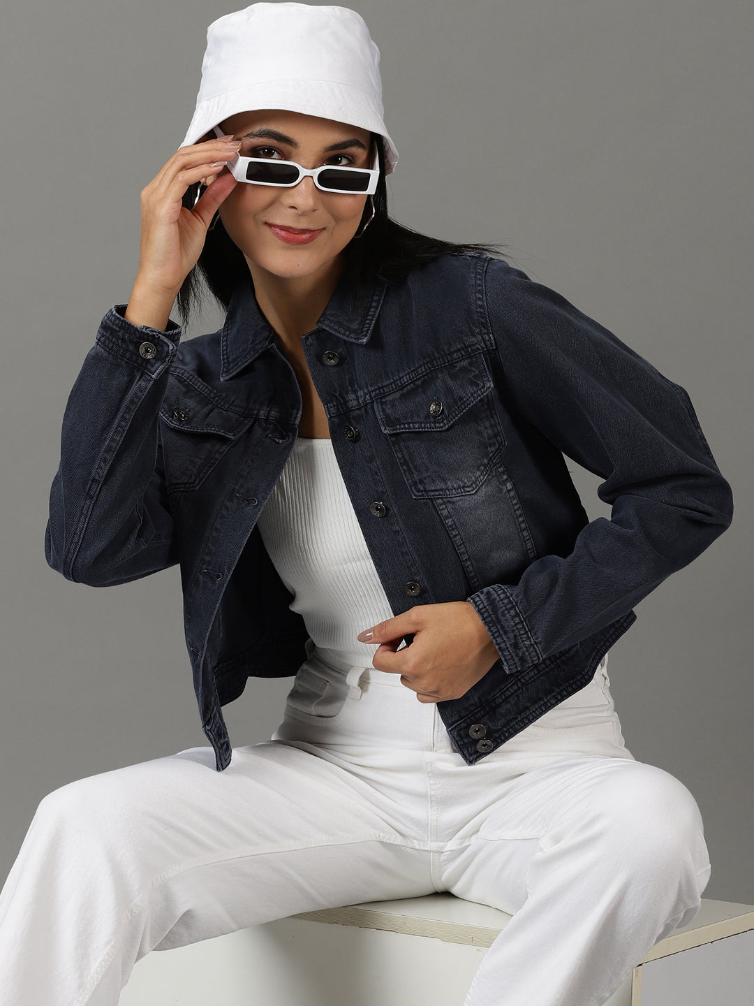 Women's Navy Blue Solid Denim Jacket