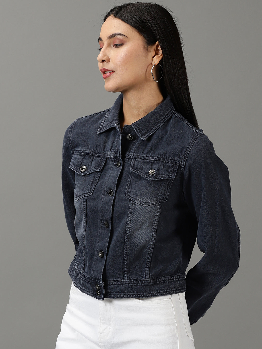 Women's Navy Blue Solid Denim Jacket