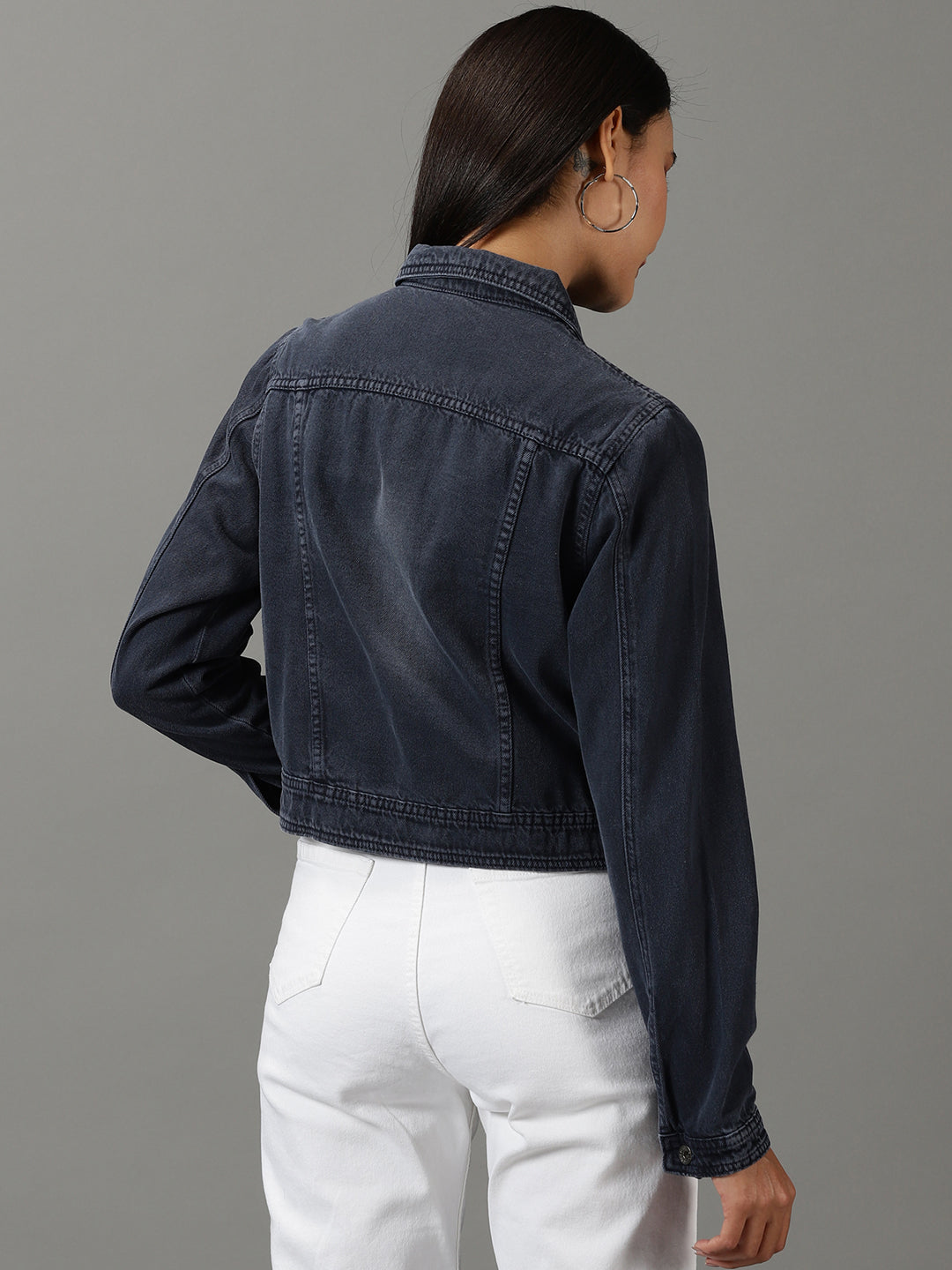 Women's Navy Blue Solid Denim Jacket