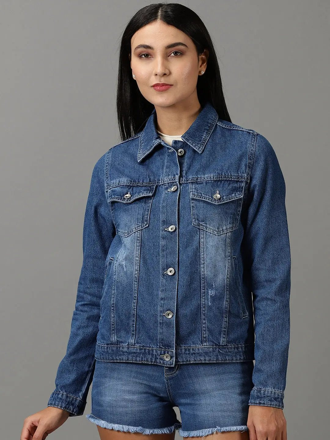 Women's Navy Blue Solid Denim Jacket