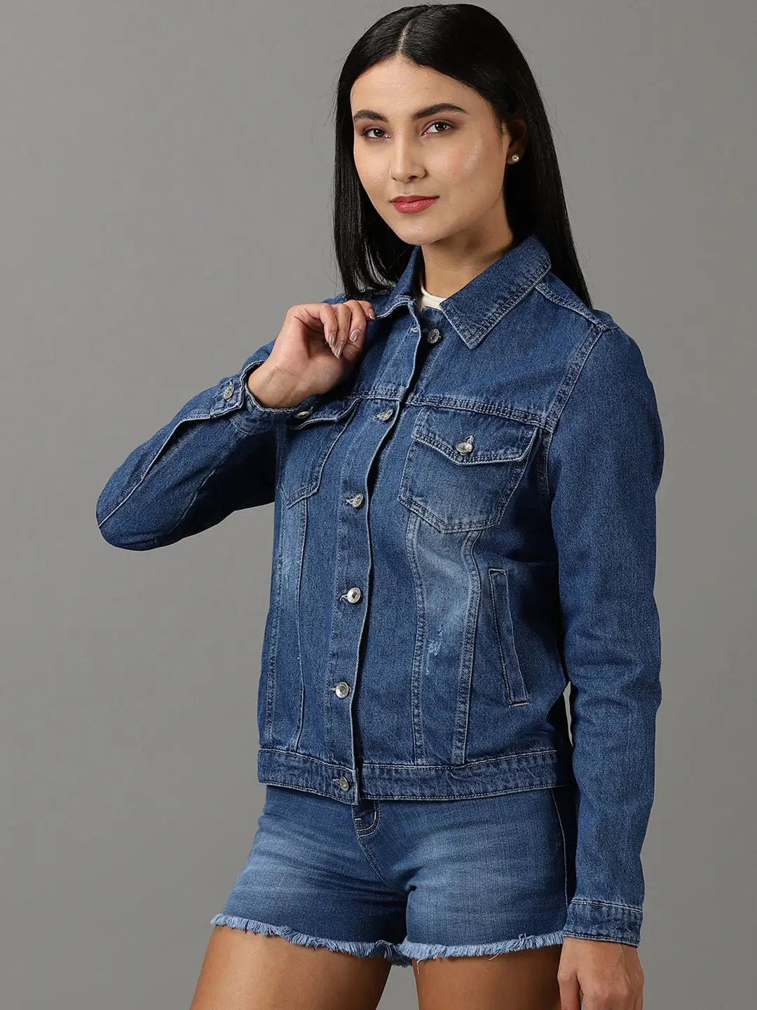 Women's Navy Blue Solid Denim Jacket