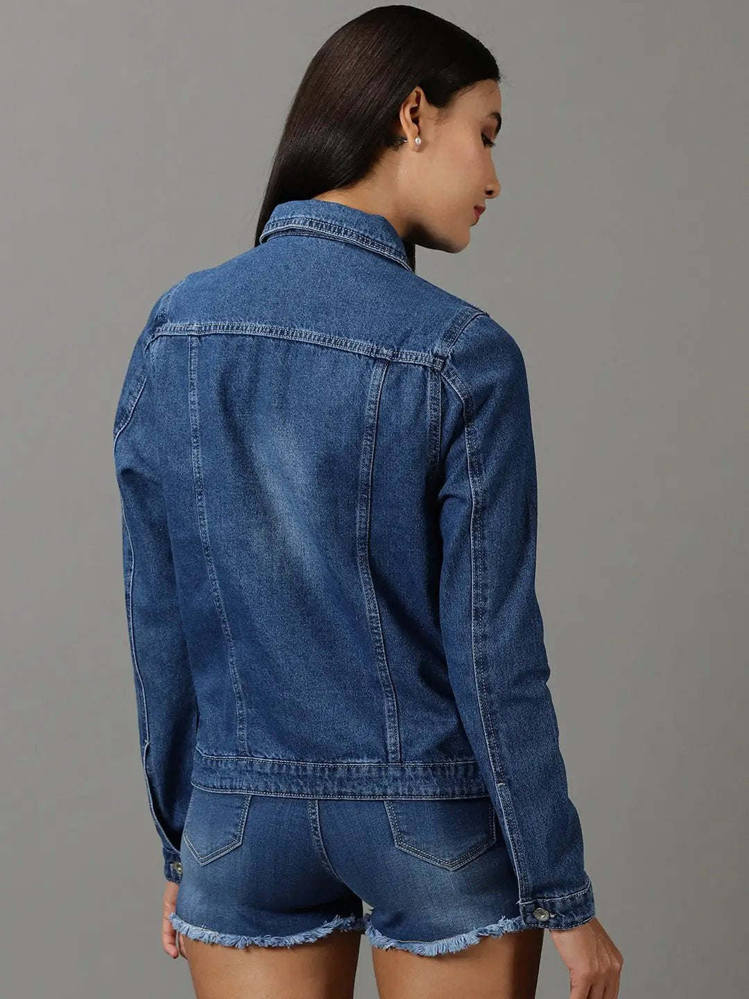 Women's Navy Blue Solid Denim Jacket