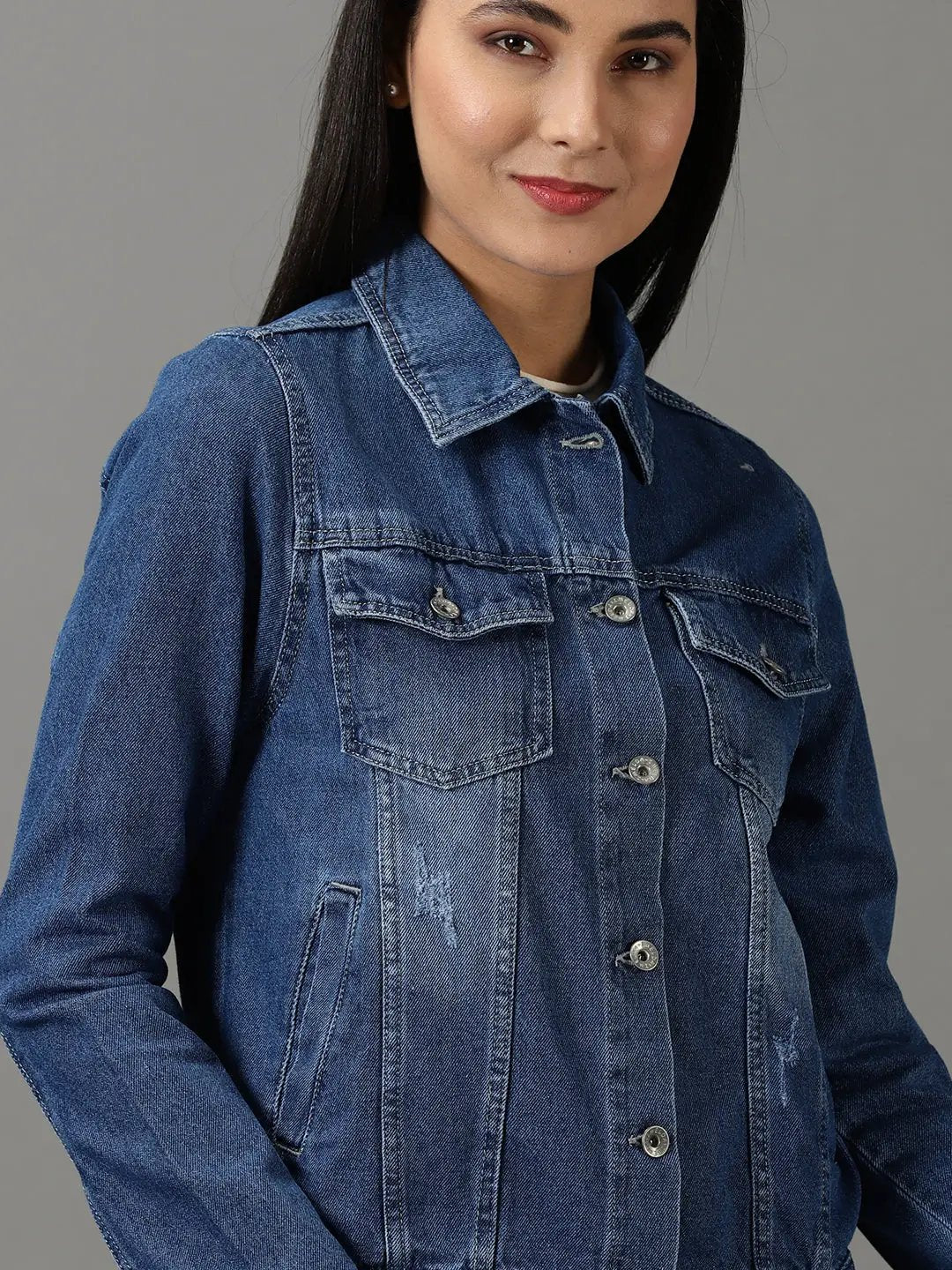 Women's Navy Blue Solid Denim Jacket