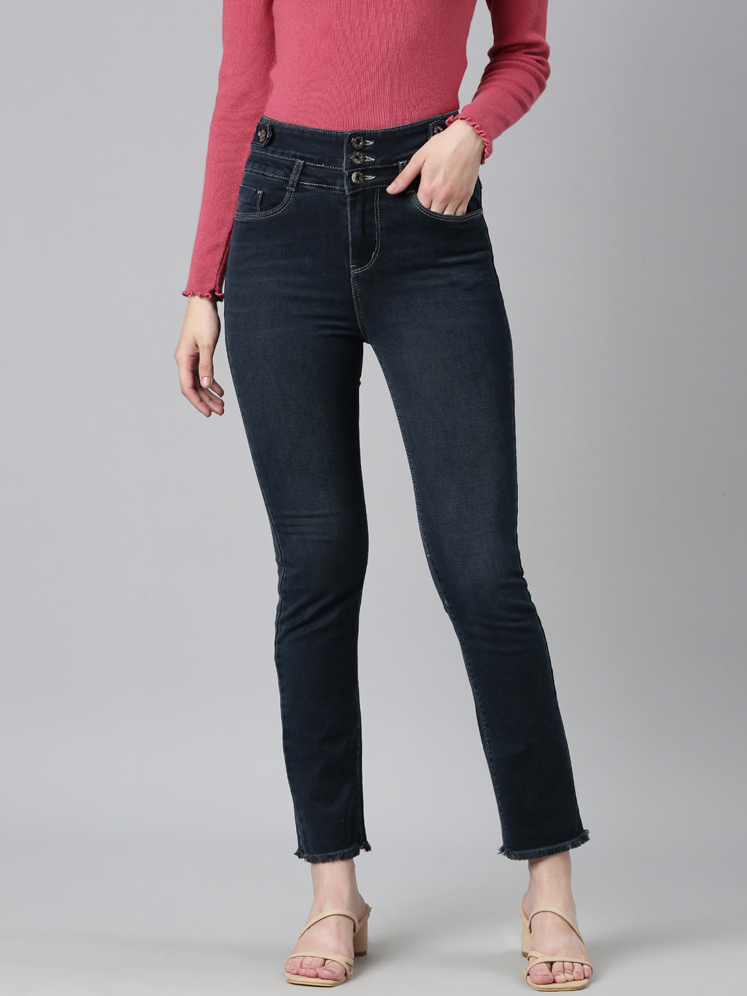 Women Navy Blue Solid Straight Fit Denim Jeans