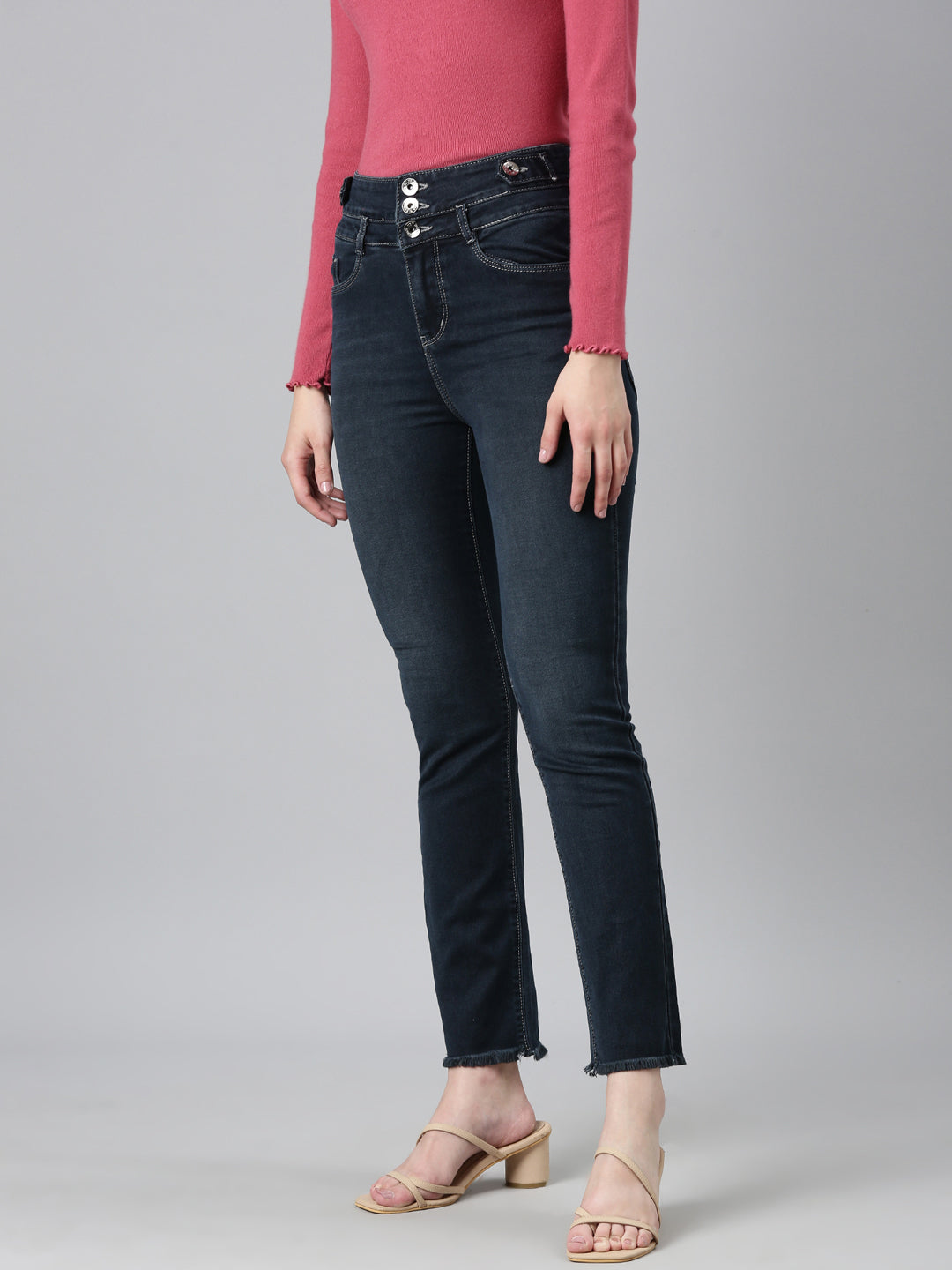 Women Navy Blue Solid Straight Fit Denim Jeans