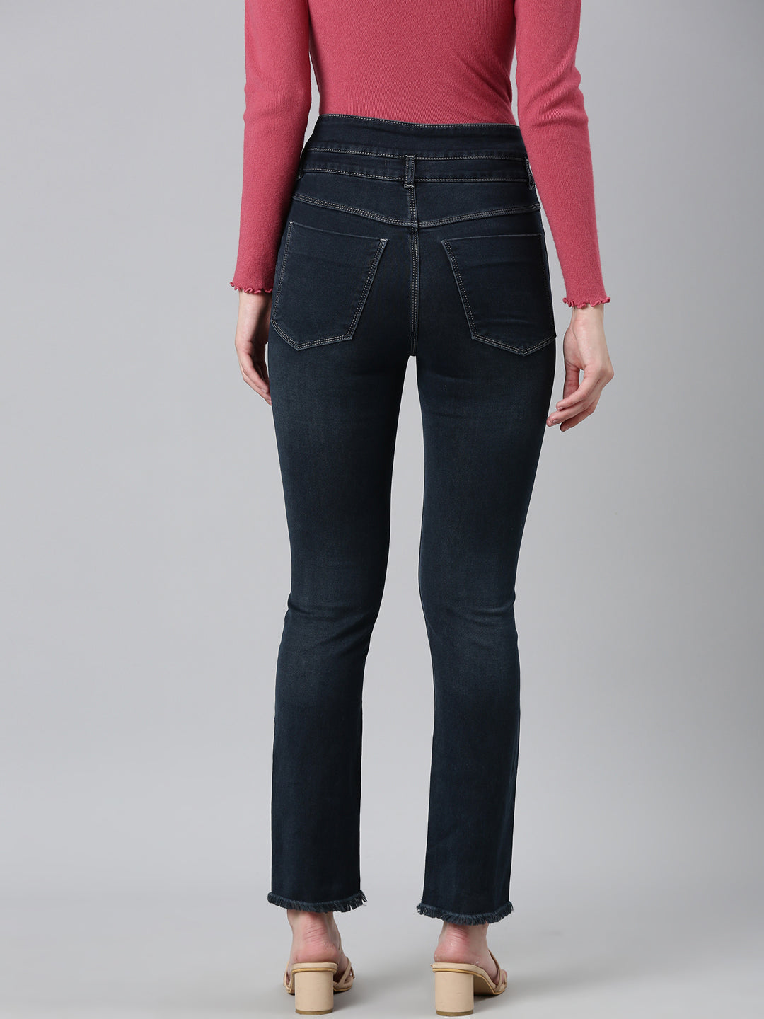 Women Navy Blue Solid Straight Fit Denim Jeans