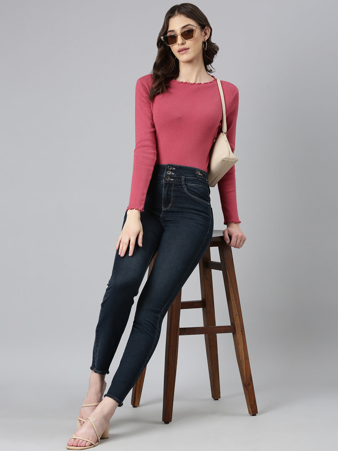 Women Navy Blue Solid Straight Fit Denim Jeans