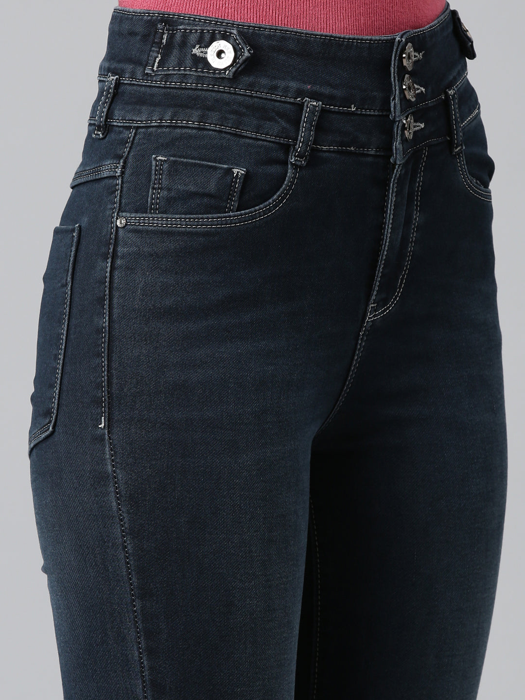 Women Navy Blue Solid Straight Fit Denim Jeans