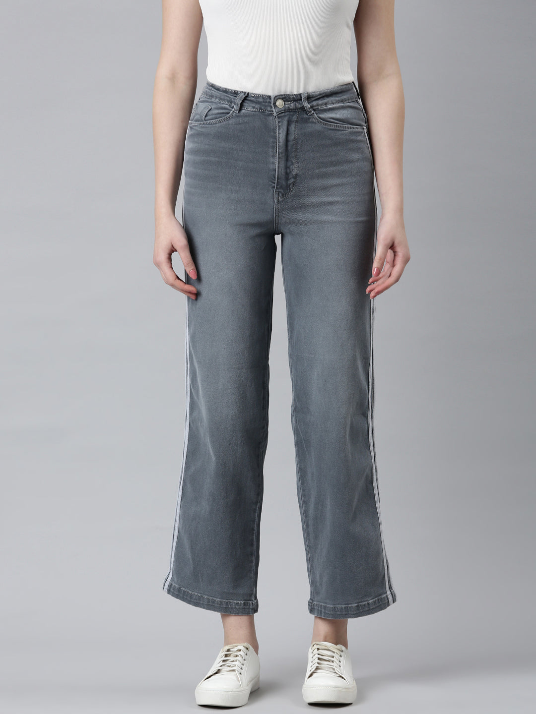 Women Grey Solid Wide Leg Denim Jeans