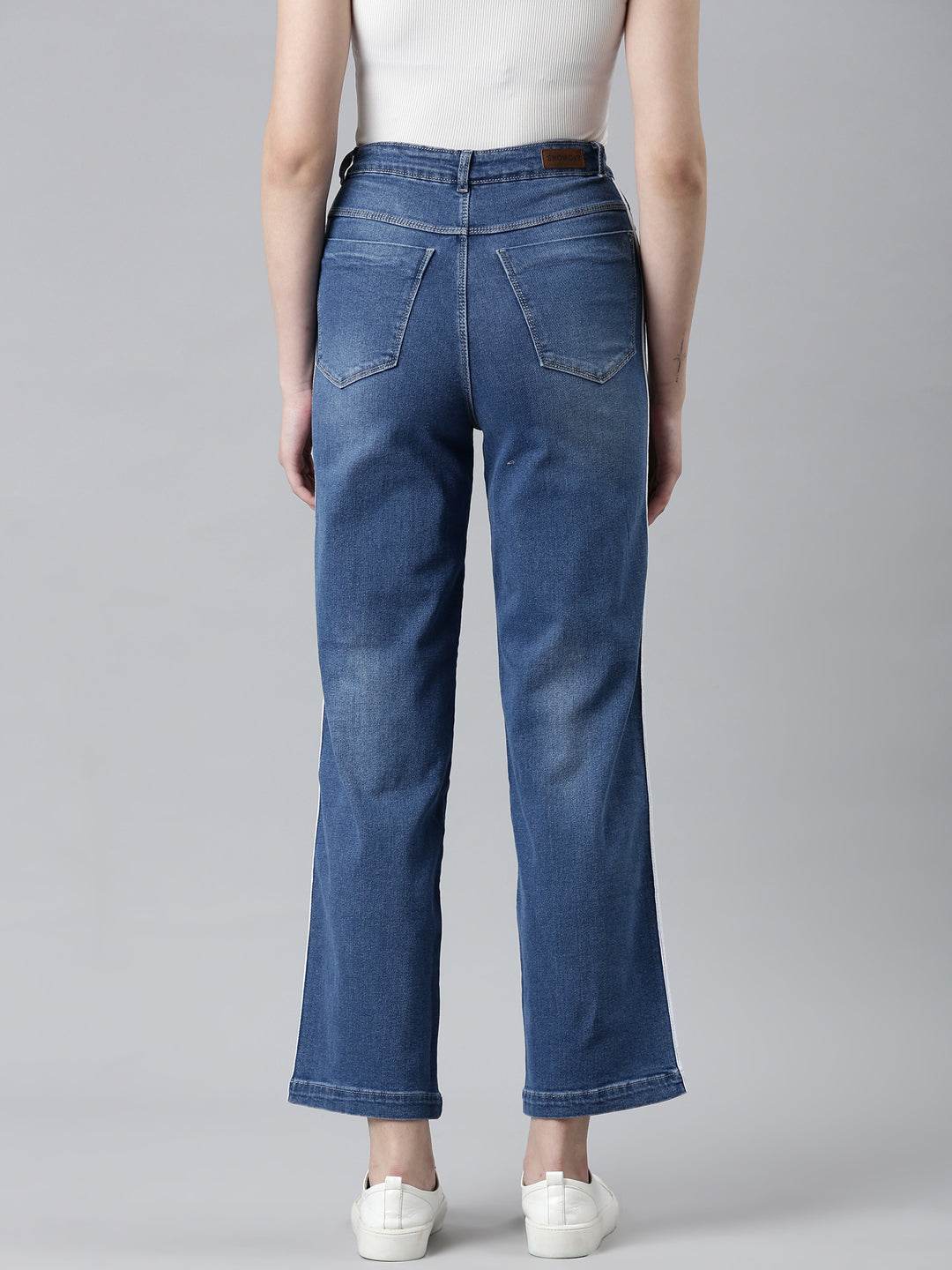 Women Blue Solid Wide Leg Denim Jeans