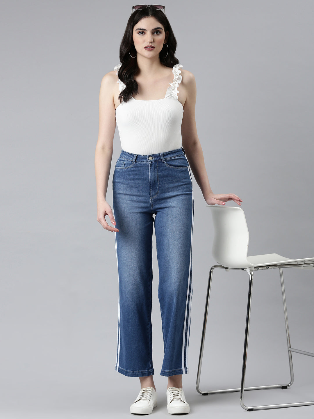 Women Blue Solid Wide Leg Denim Jeans