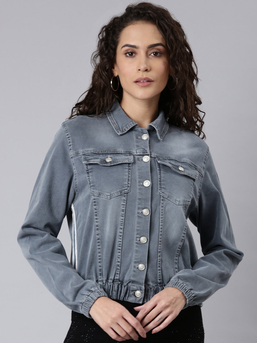 Women Grey Solid Denim Jacket