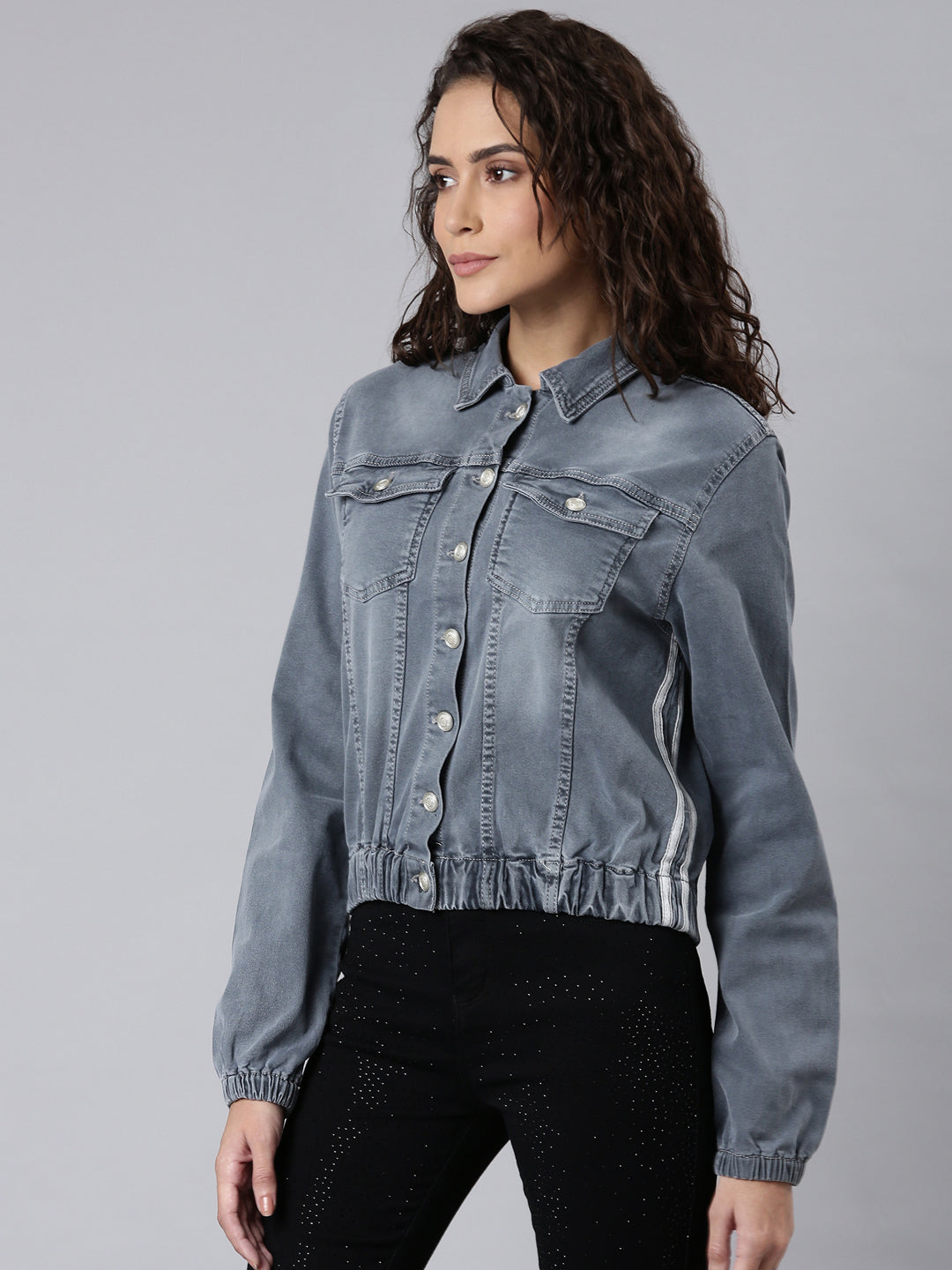 Women Grey Solid Denim Jacket