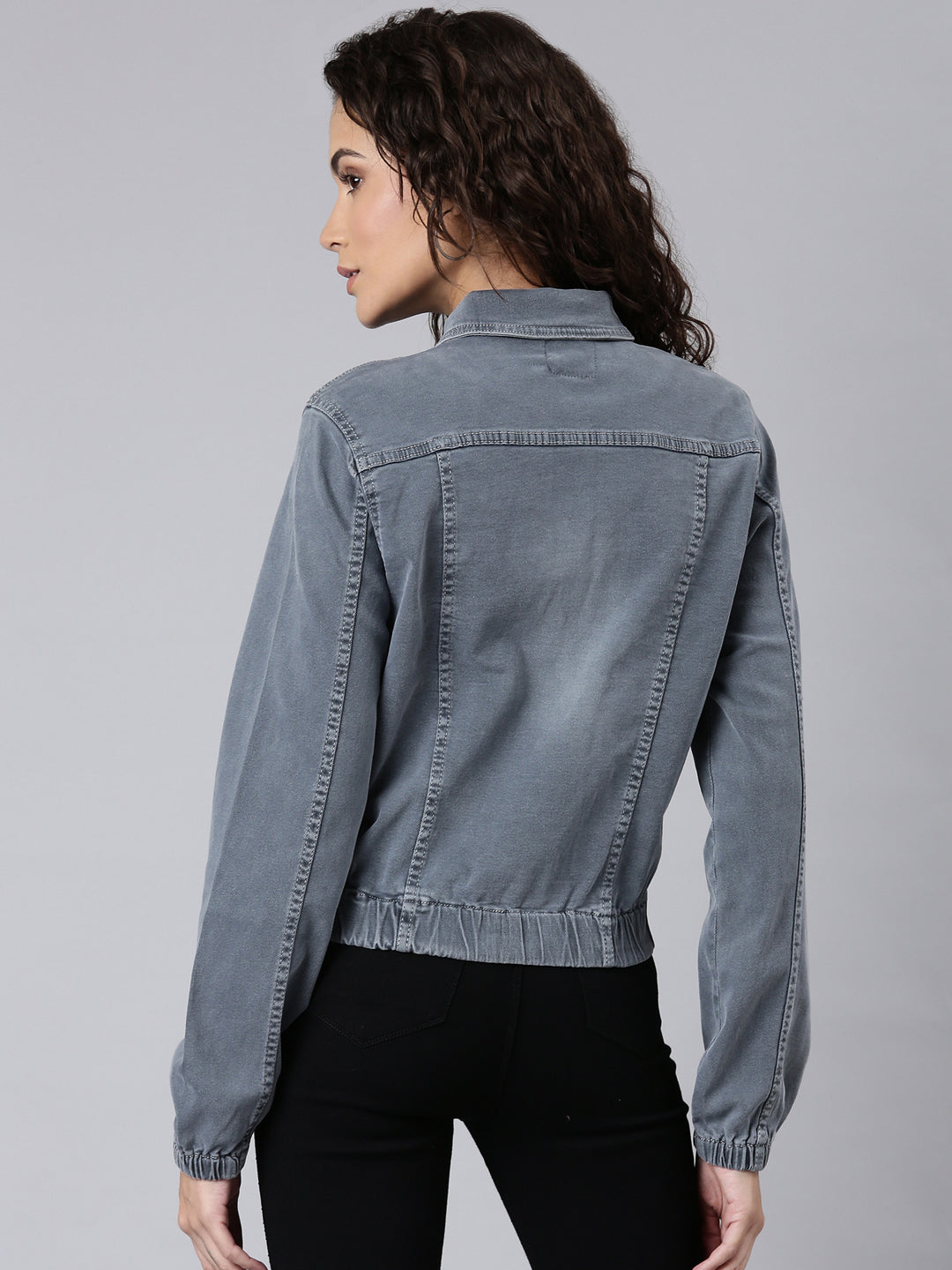 Women Grey Solid Denim Jacket