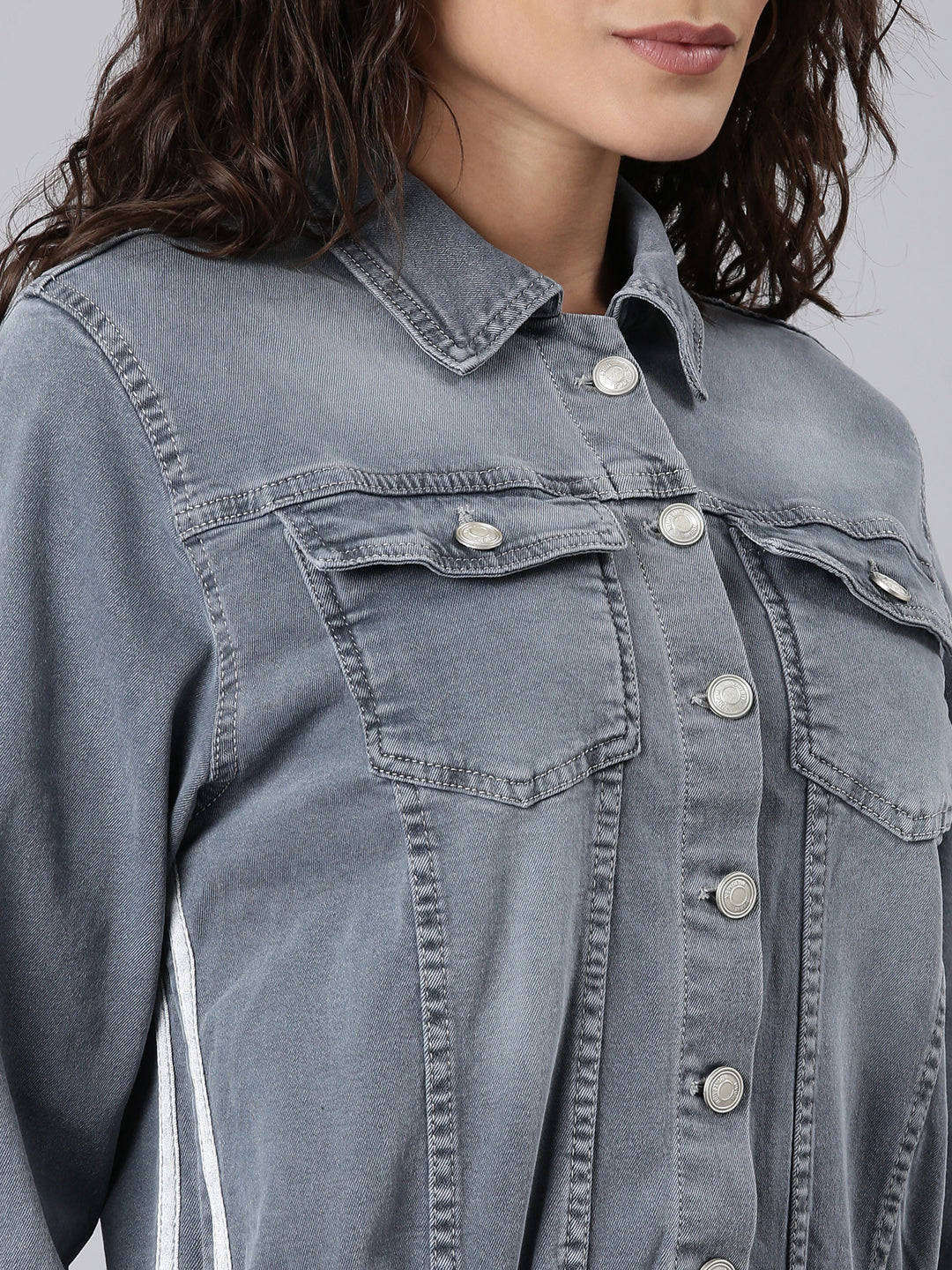 Women Grey Solid Denim Jacket