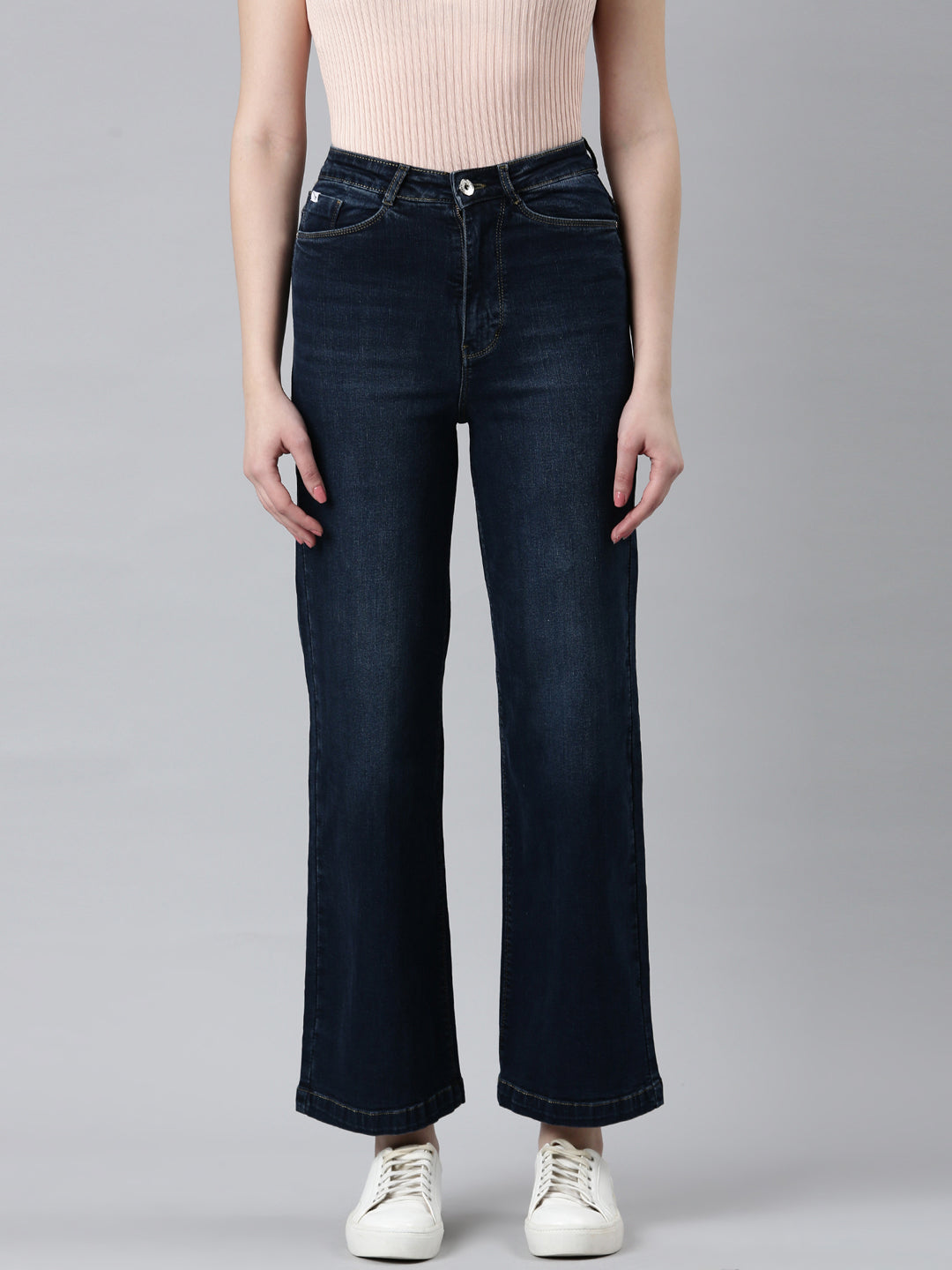 Women Navy Blue Solid Wide Leg Denim Jeans