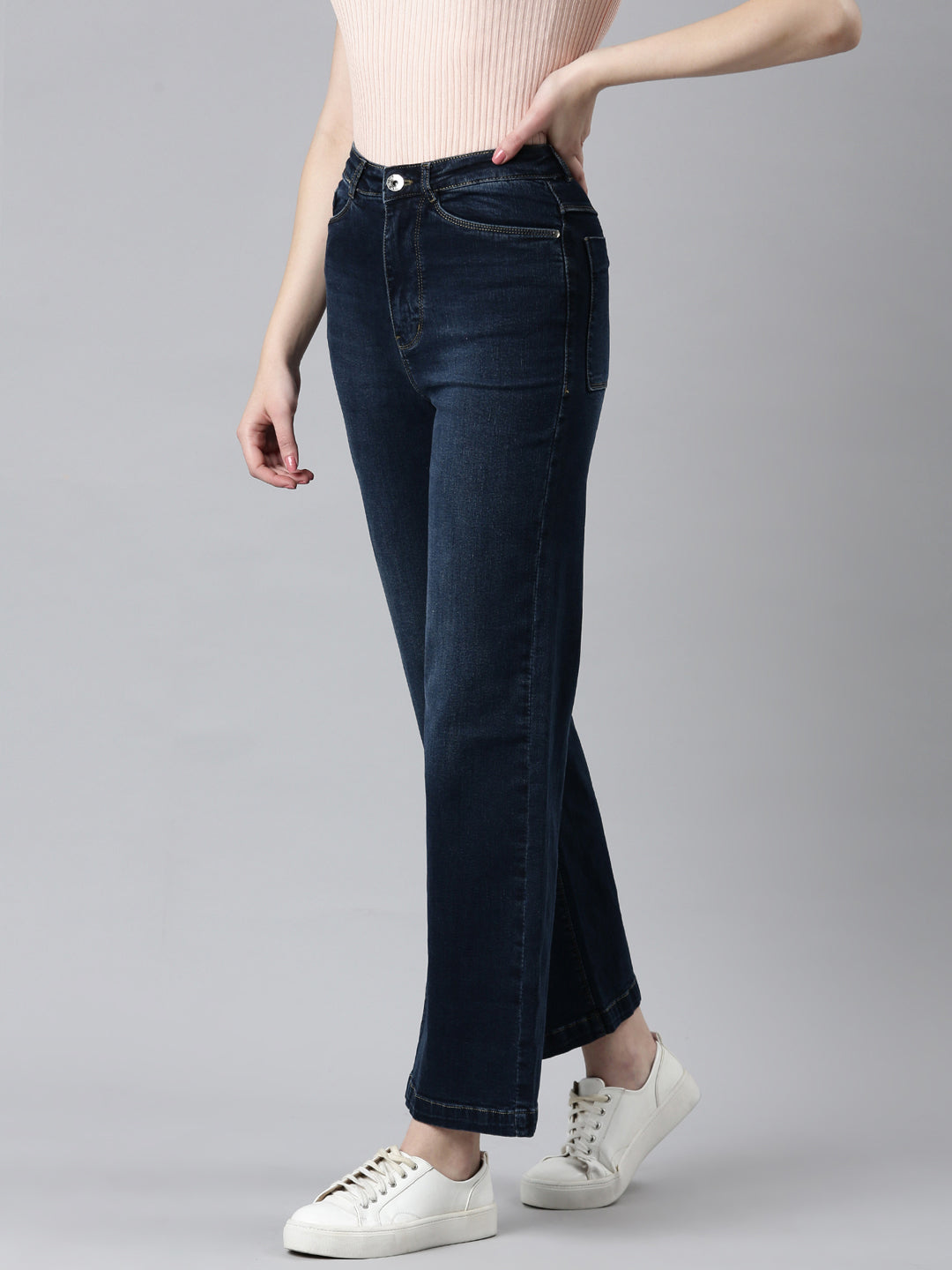 Women Navy Blue Solid Wide Leg Denim Jeans