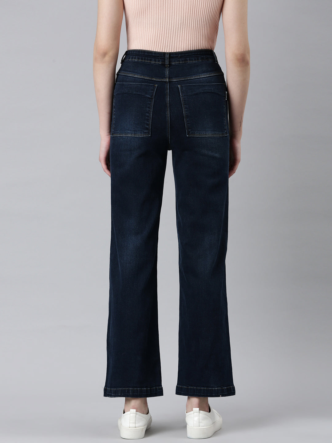 Women Navy Blue Solid Wide Leg Denim Jeans