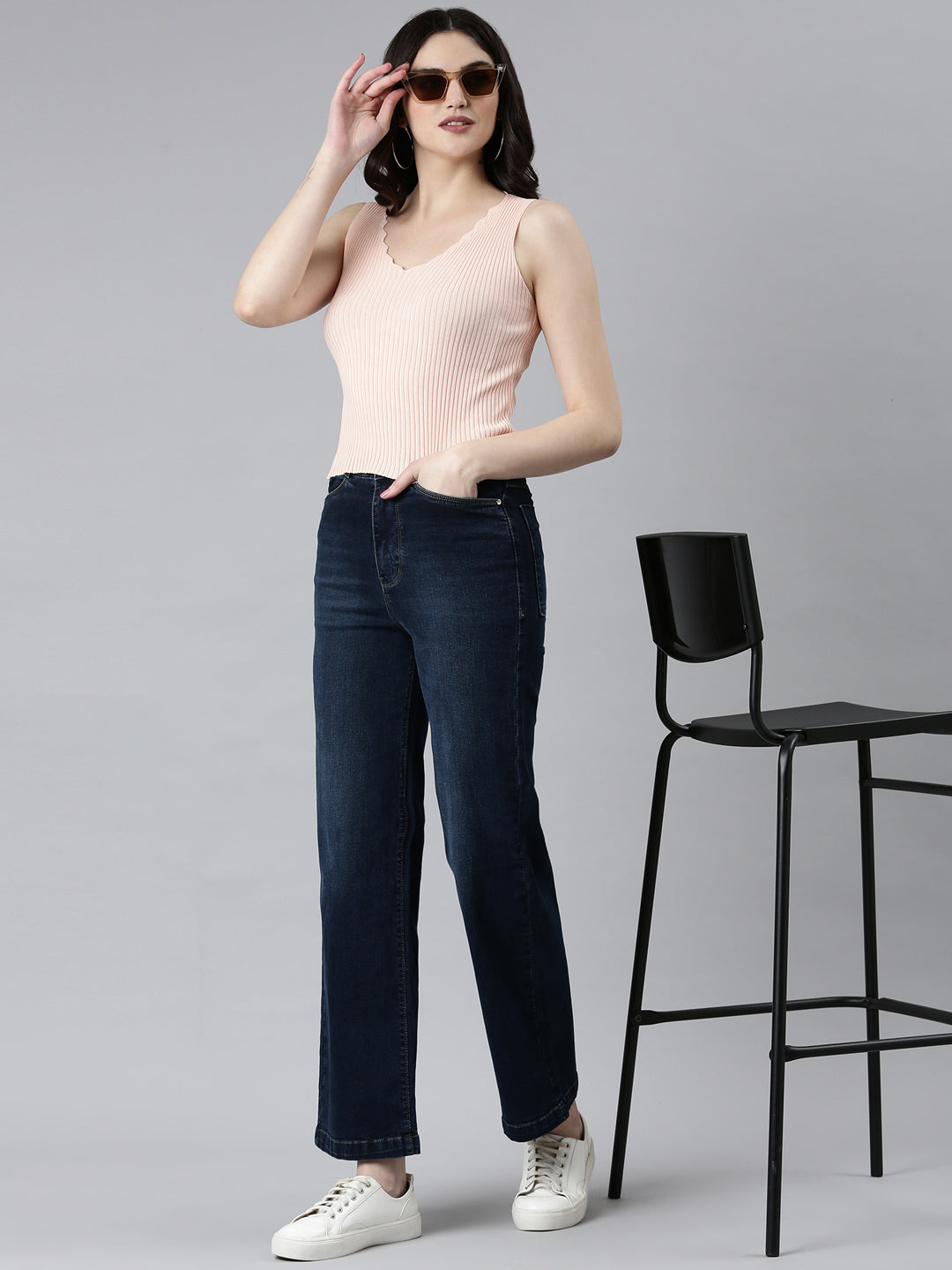 Women Navy Blue Solid Wide Leg Denim Jeans