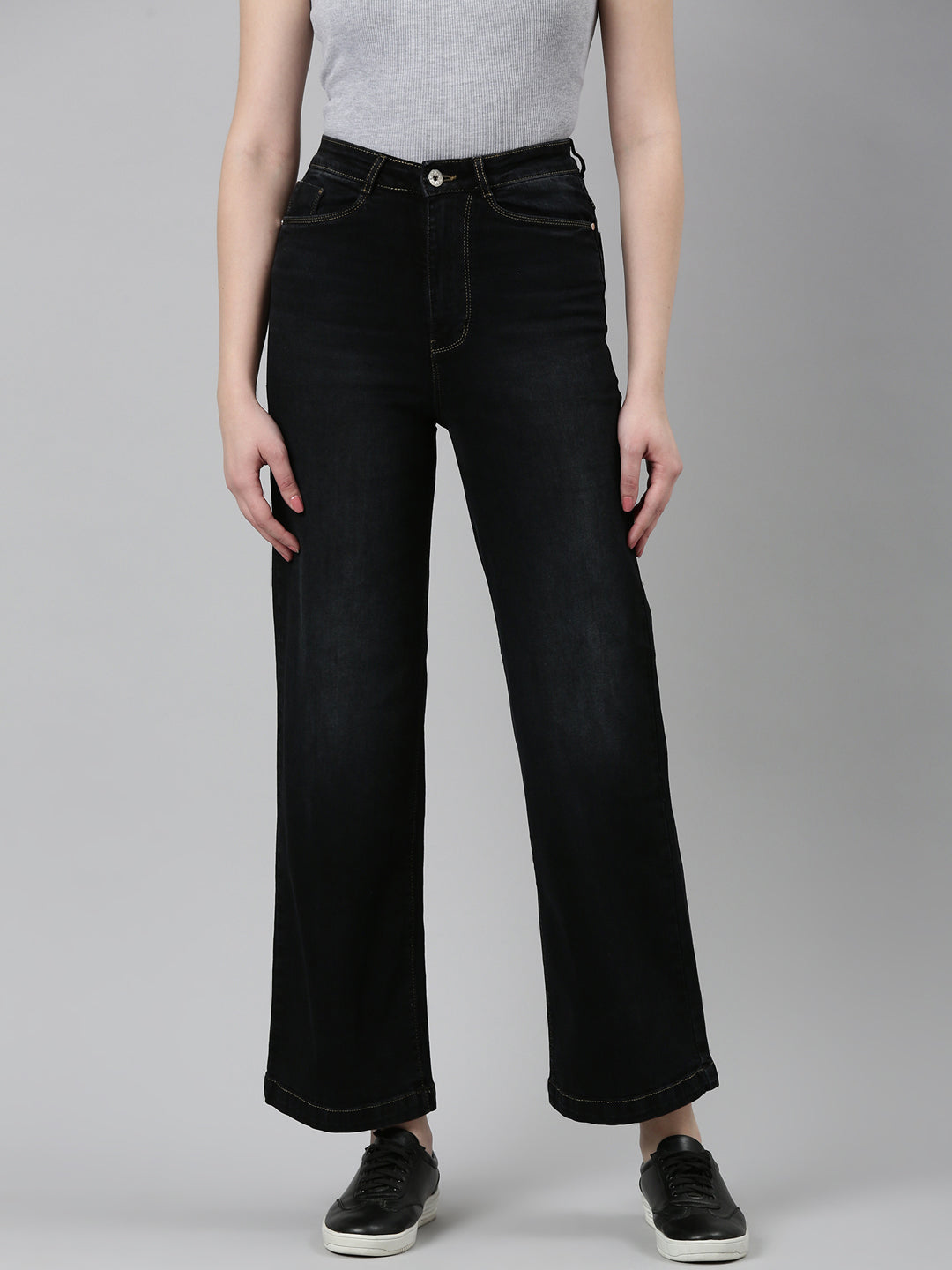 Women Black Solid Wide Leg Denim Jeans