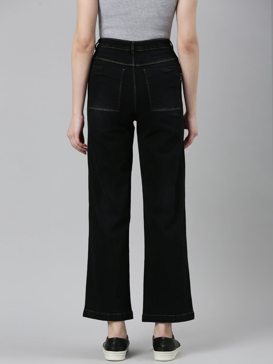 Women Black Solid Wide Leg Denim Jeans