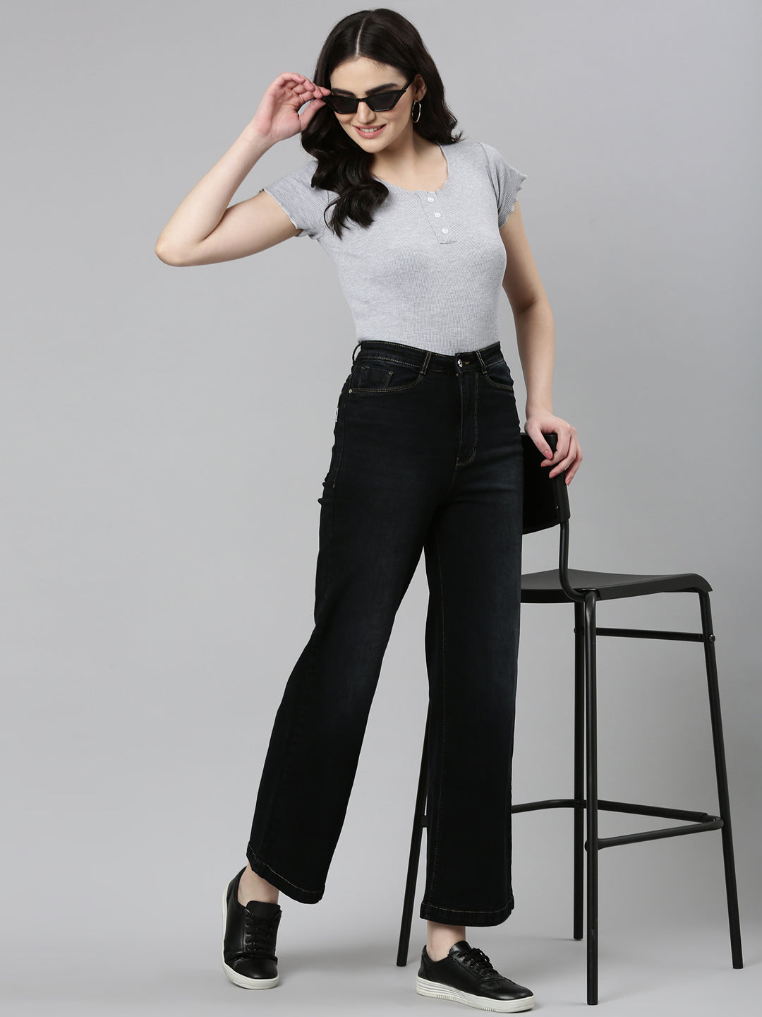 Women Black Solid Wide Leg Denim Jeans