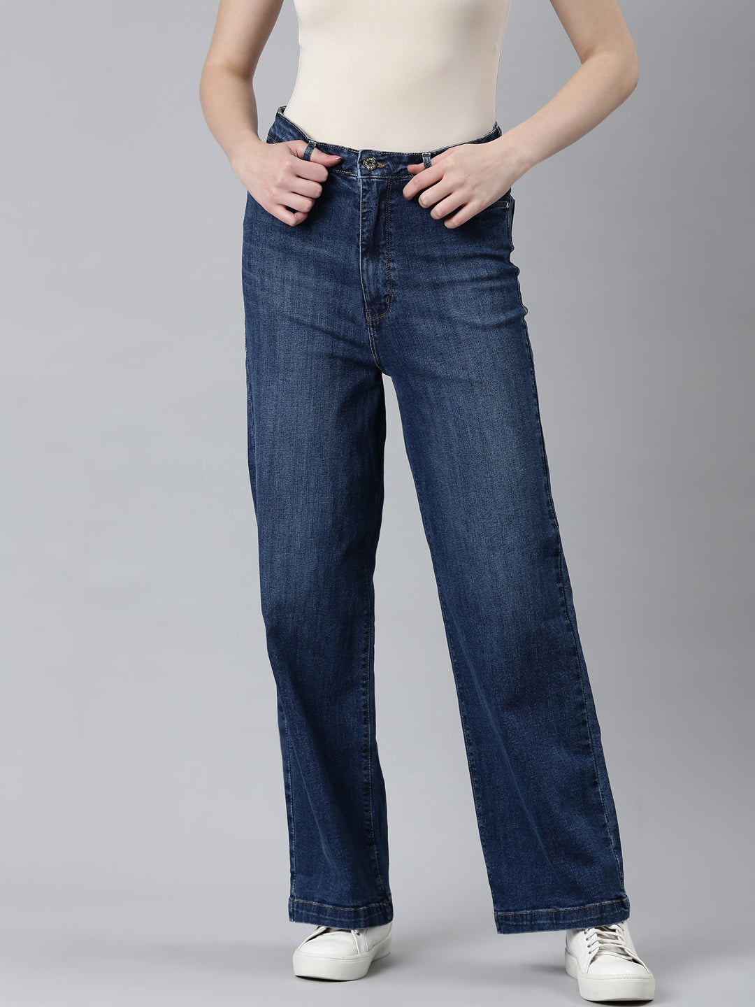 Women Navy Blue Solid Wide Leg Denim Jeans