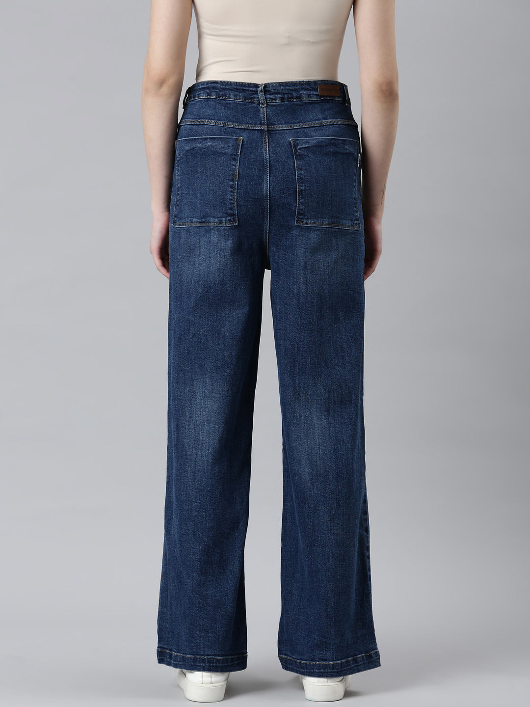 Women Navy Blue Solid Wide Leg Denim Jeans