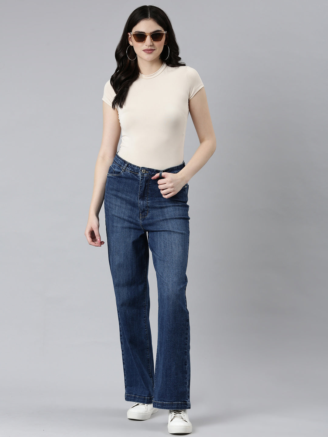 Women Navy Blue Solid Wide Leg Denim Jeans