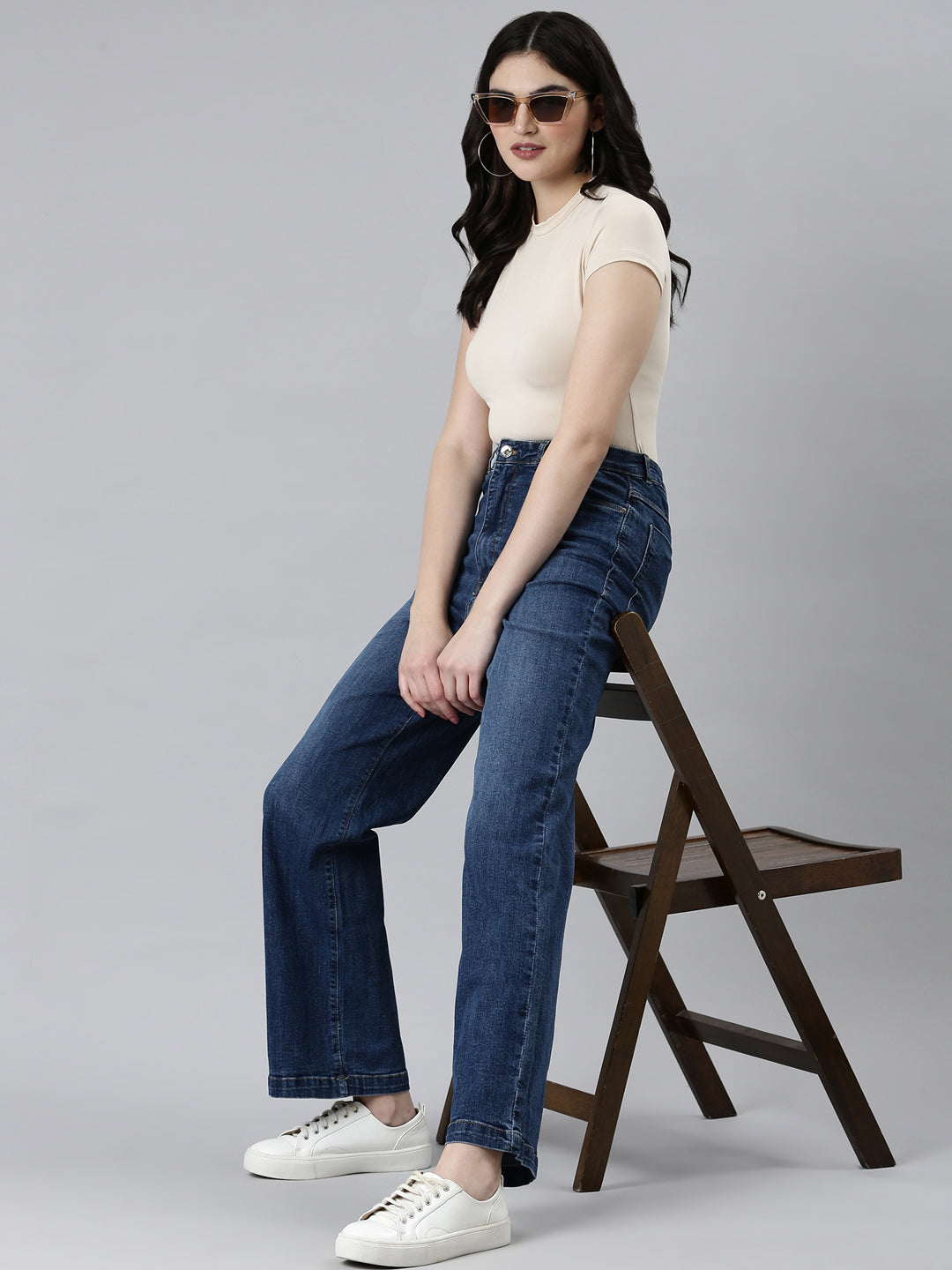 Women Navy Blue Solid Wide Leg Denim Jeans