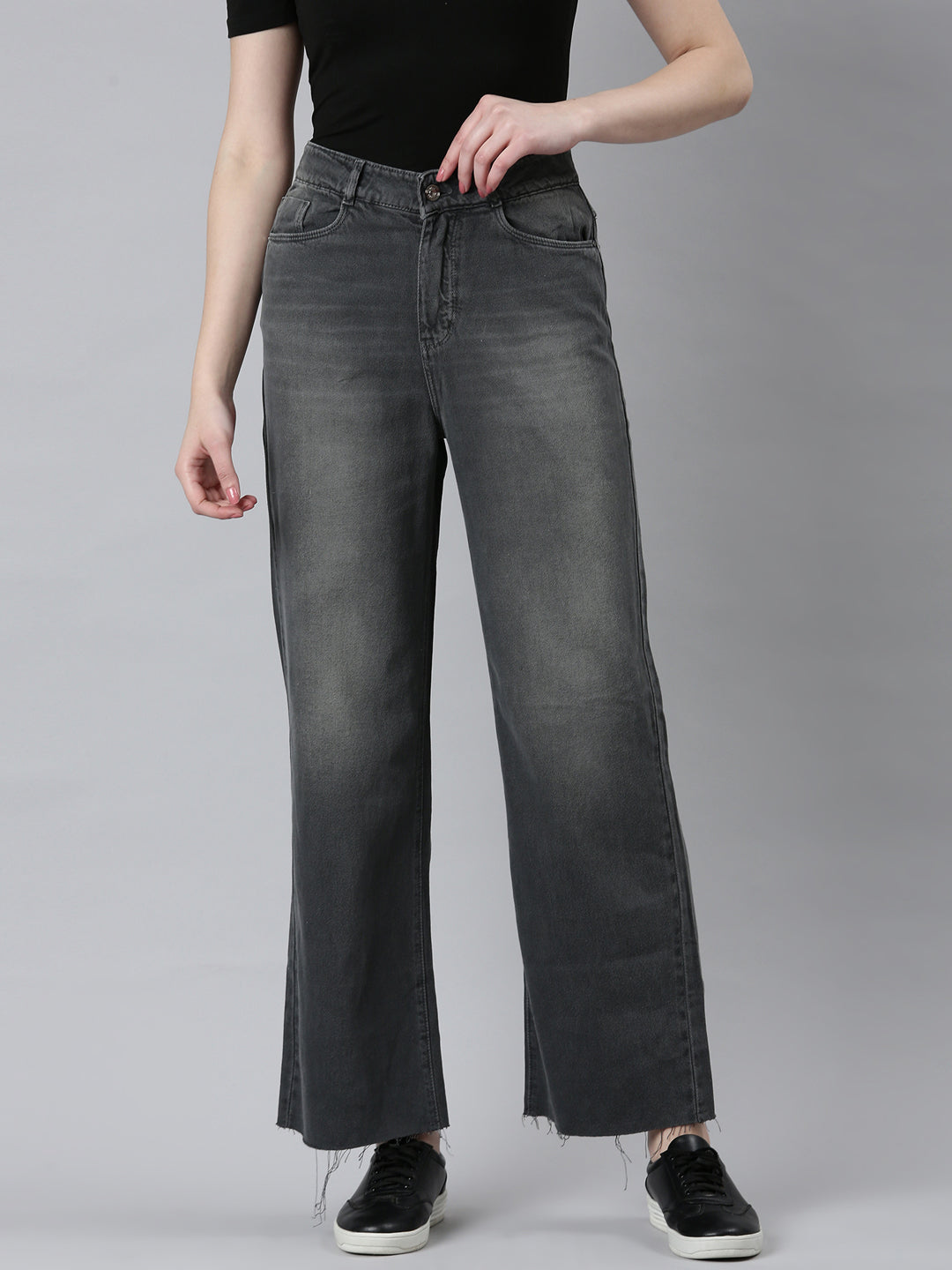 Women Grey Solid Wide Leg Denim Jeans