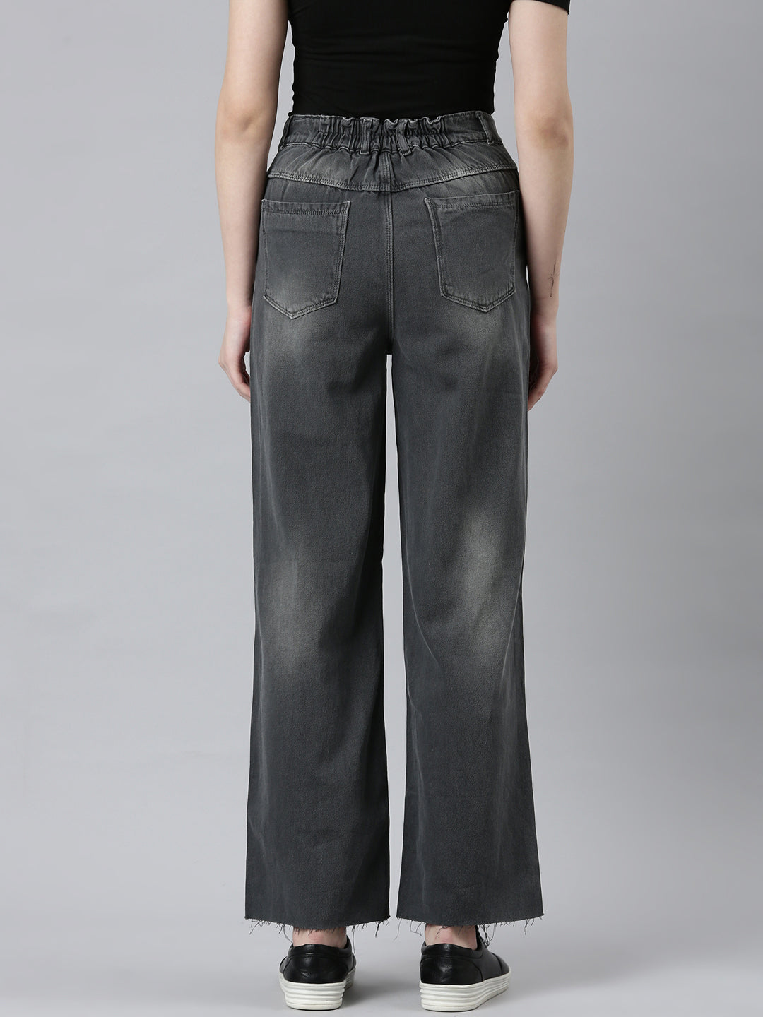 Women Grey Solid Wide Leg Denim Jeans