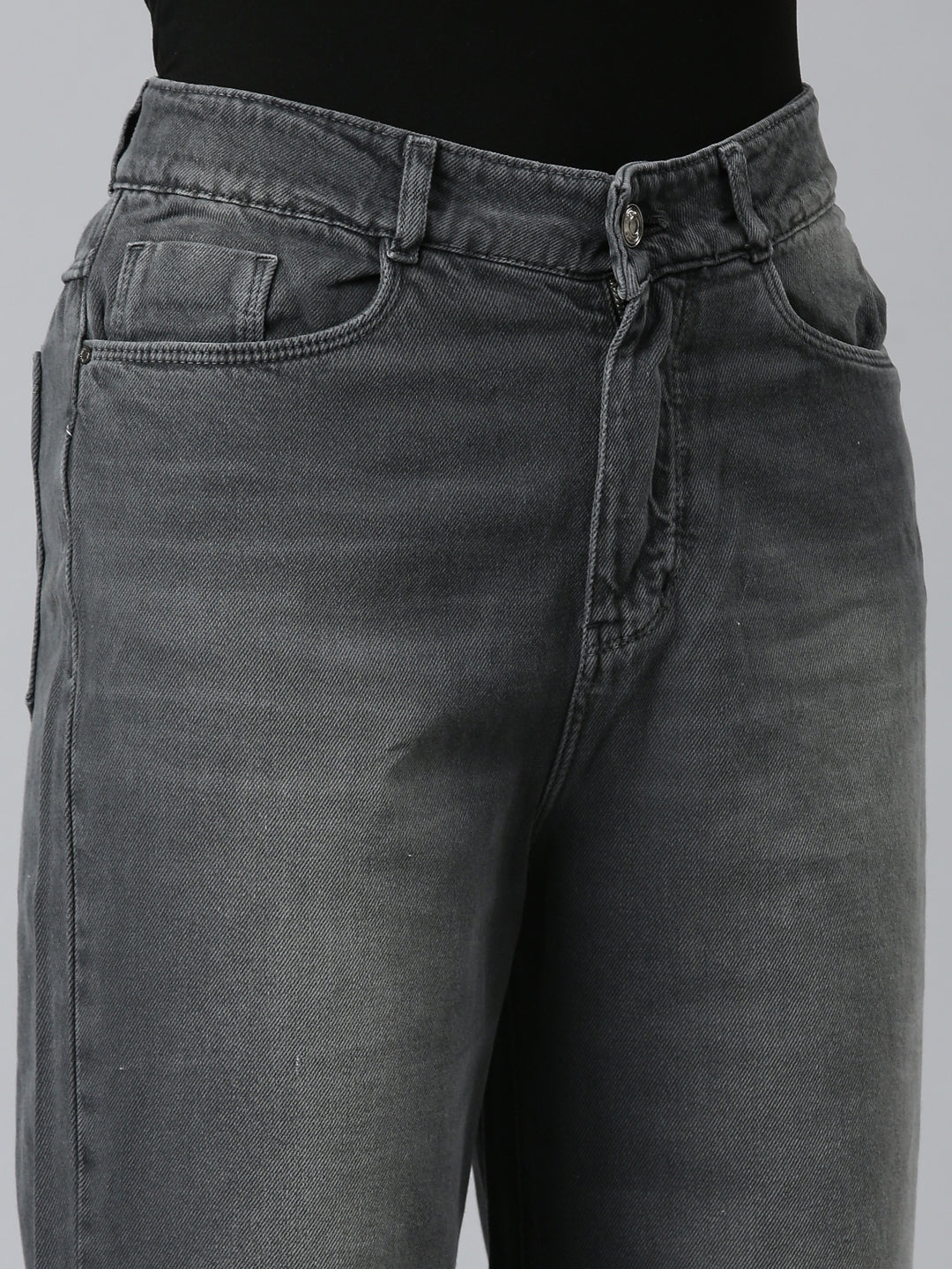 Women Grey Solid Wide Leg Denim Jeans