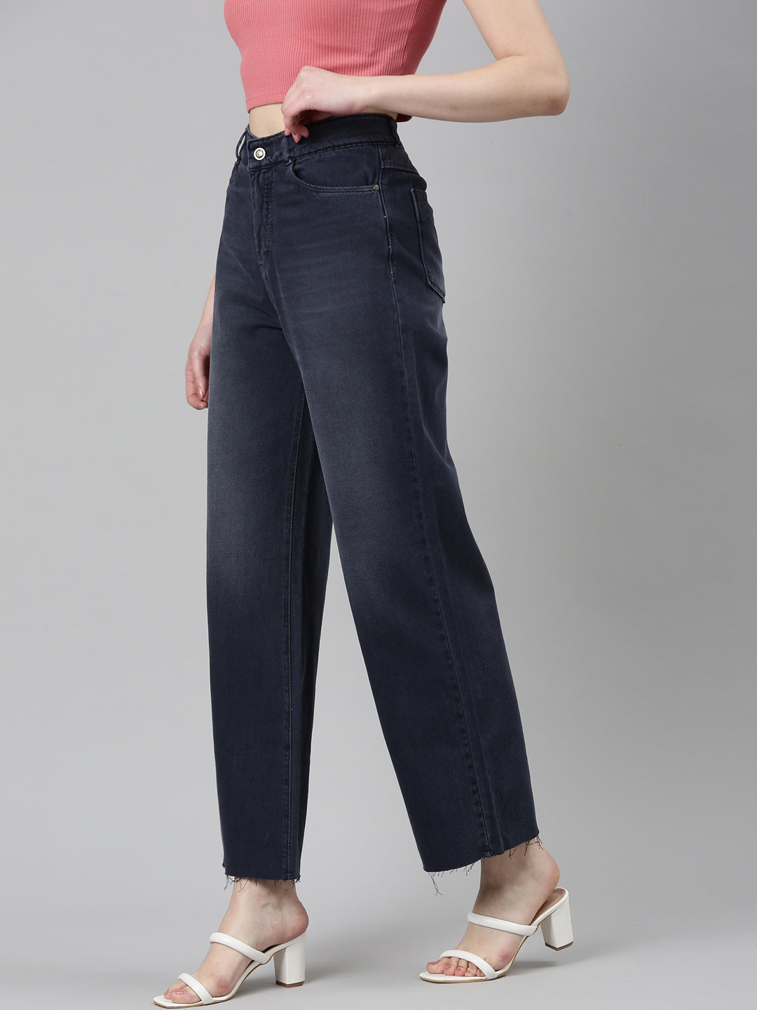 Women Navy Blue Solid Wide Leg Denim Jeans