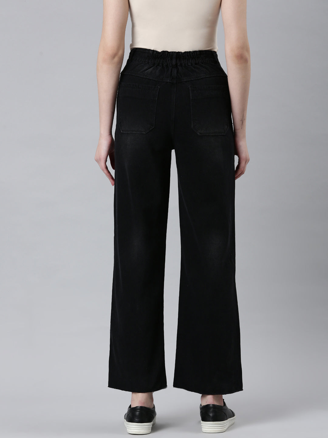 Women Black Solid Wide Leg Denim Jeans