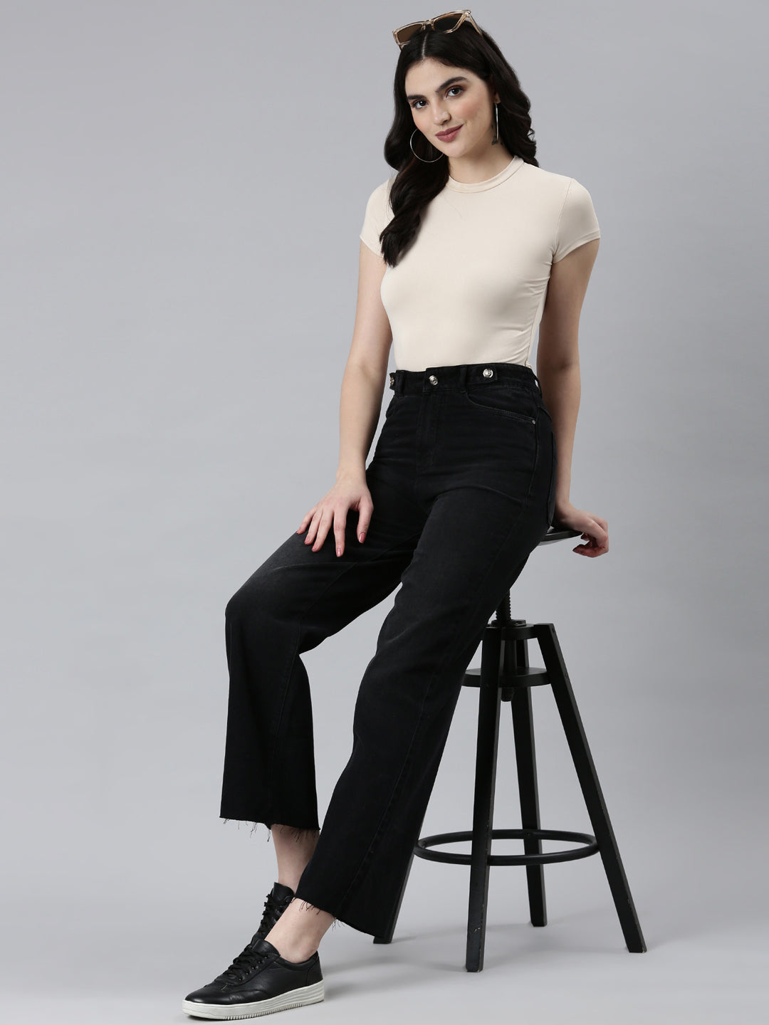 Women Black Solid Wide Leg Denim Jeans