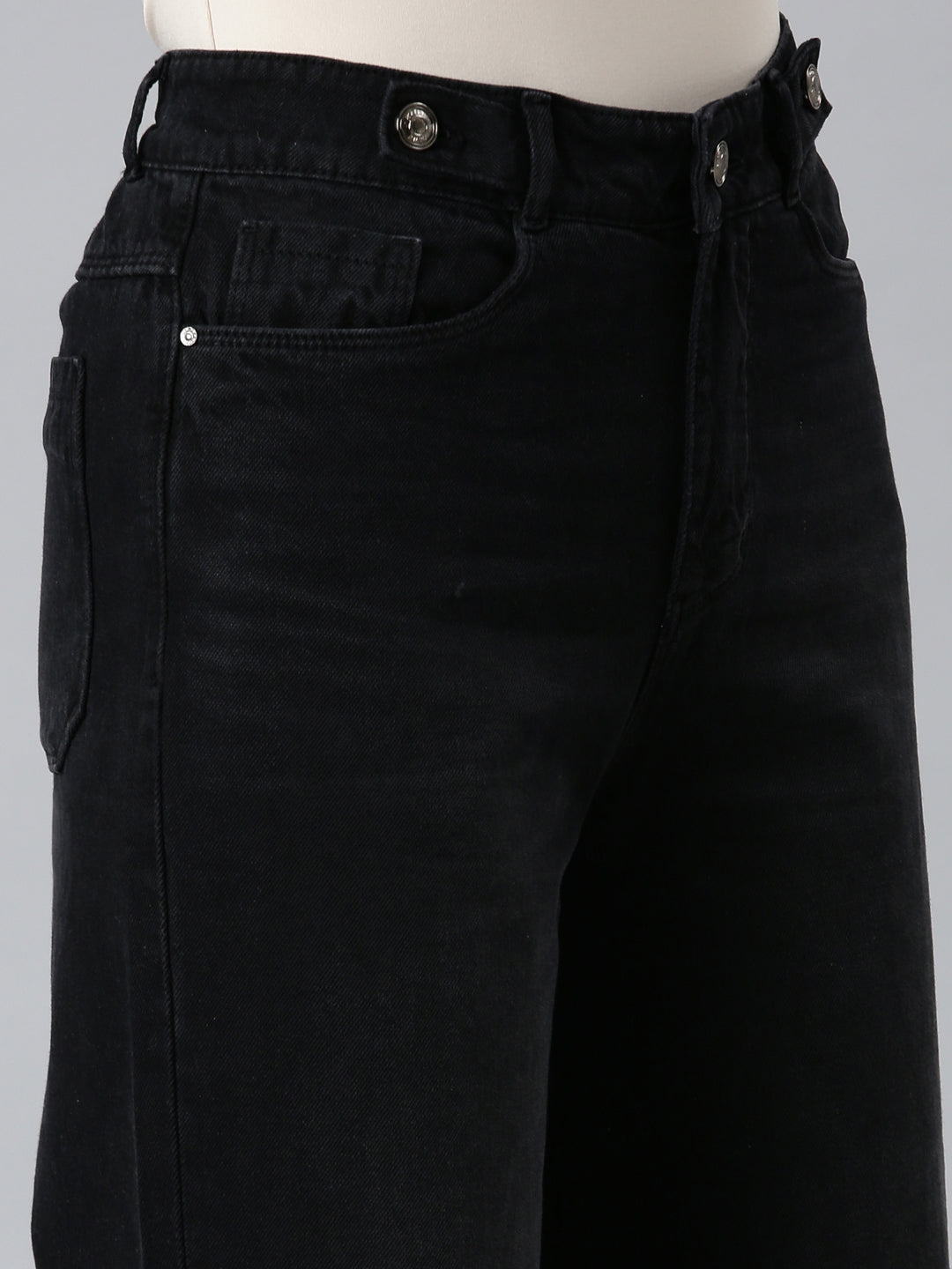 Women Black Solid Wide Leg Denim Jeans