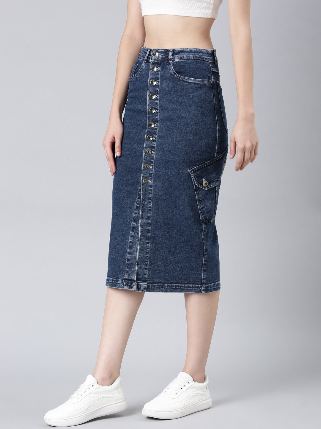 Women's Navy Blue Solid Pencil Skirt