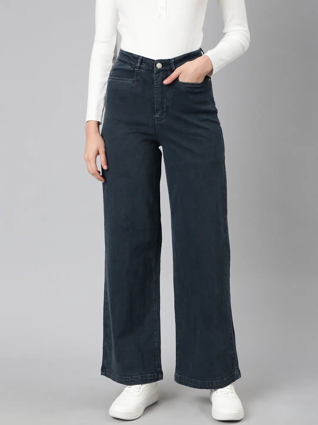 Women's Navy Blue Wide Leg Acid Wash Denim Jeans