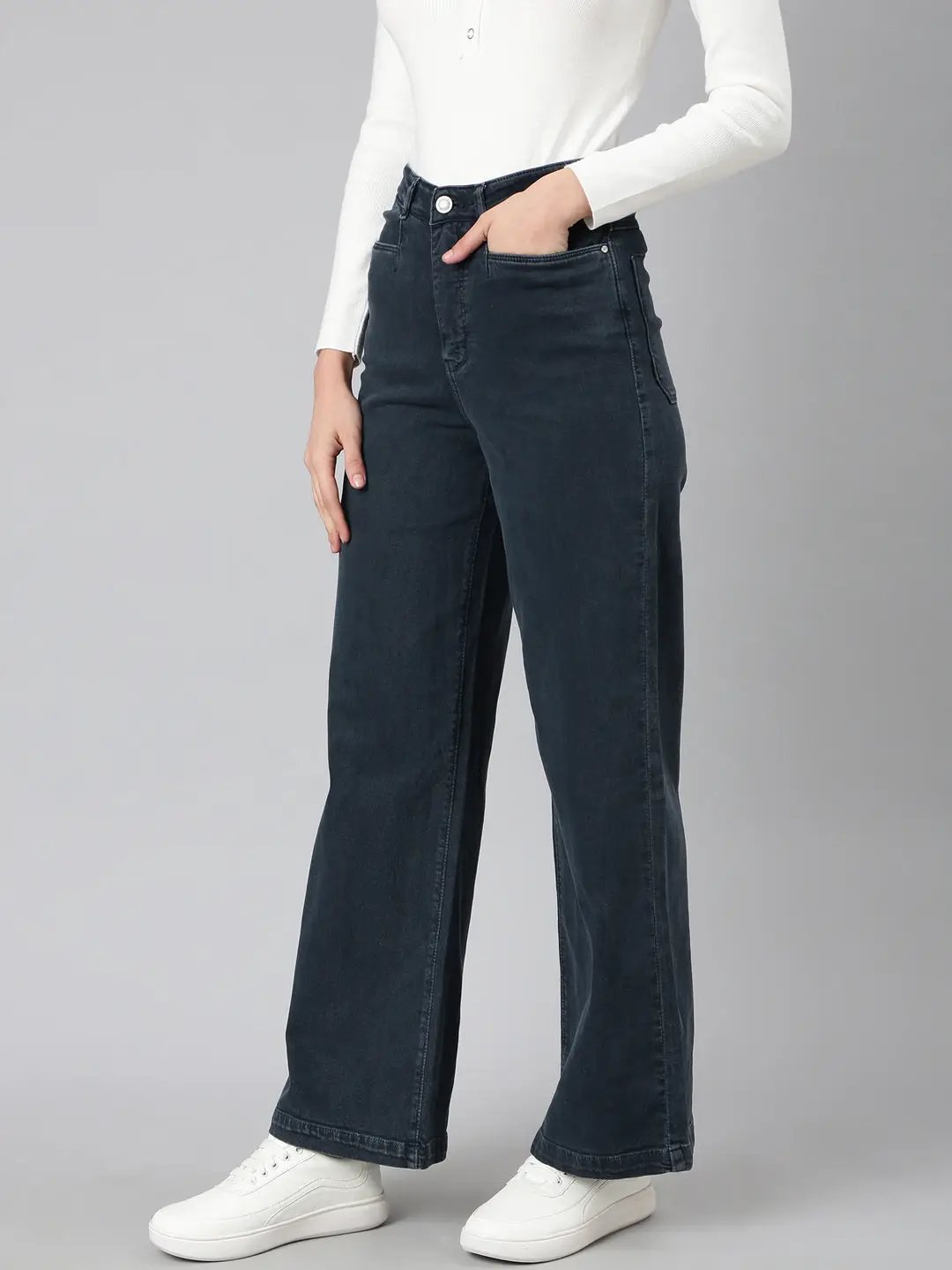Women's Navy Blue Wide Leg Acid Wash Denim Jeans