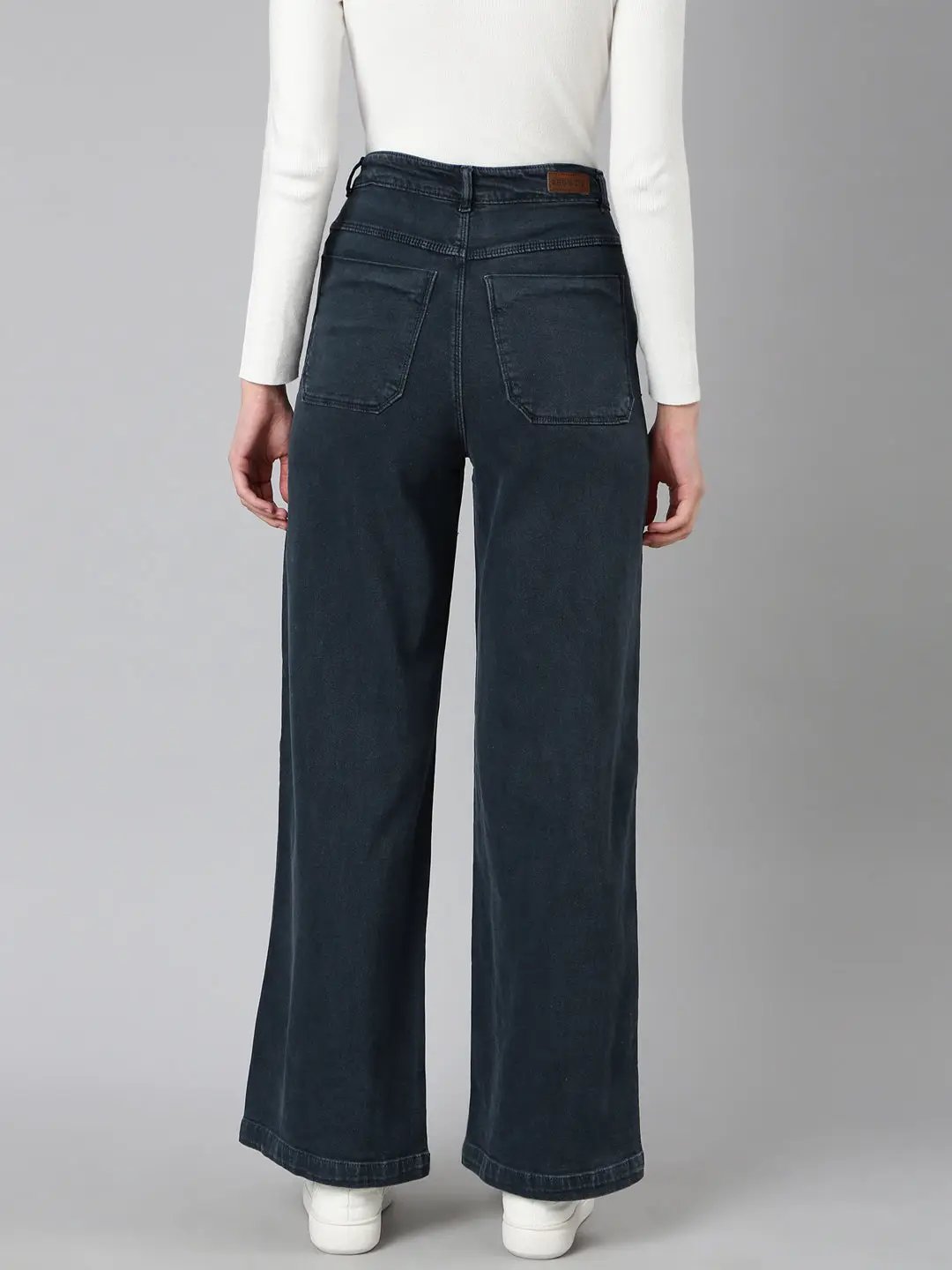 Women's Navy Blue Wide Leg Acid Wash Denim Jeans
